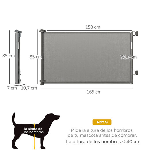 PawHut Puerta de Seguridad para Perros y Gatos Extensible 0-150 cm Puerta  Retráctil para Mascotas Barrera para Escaleras y Pasillos Aleación de  Aluminio 165x10,7x85 cm Gris
