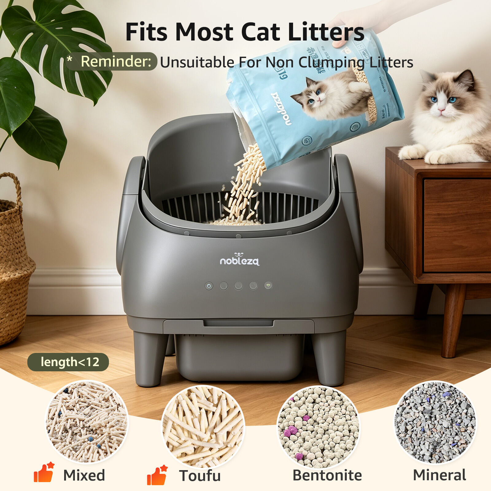 Nobleza Arenero Autolimpiable Abierto para Gatos de 1-15kg &ndash; Control por App, Dep&oacute;sito 11L (15 d&iacute;as), Sensores de Seguridad, Incluye 3 Rollos de Bolsas + 5 Pastillas Desodorantes &ndash; Gris, , large Imagen numero 4