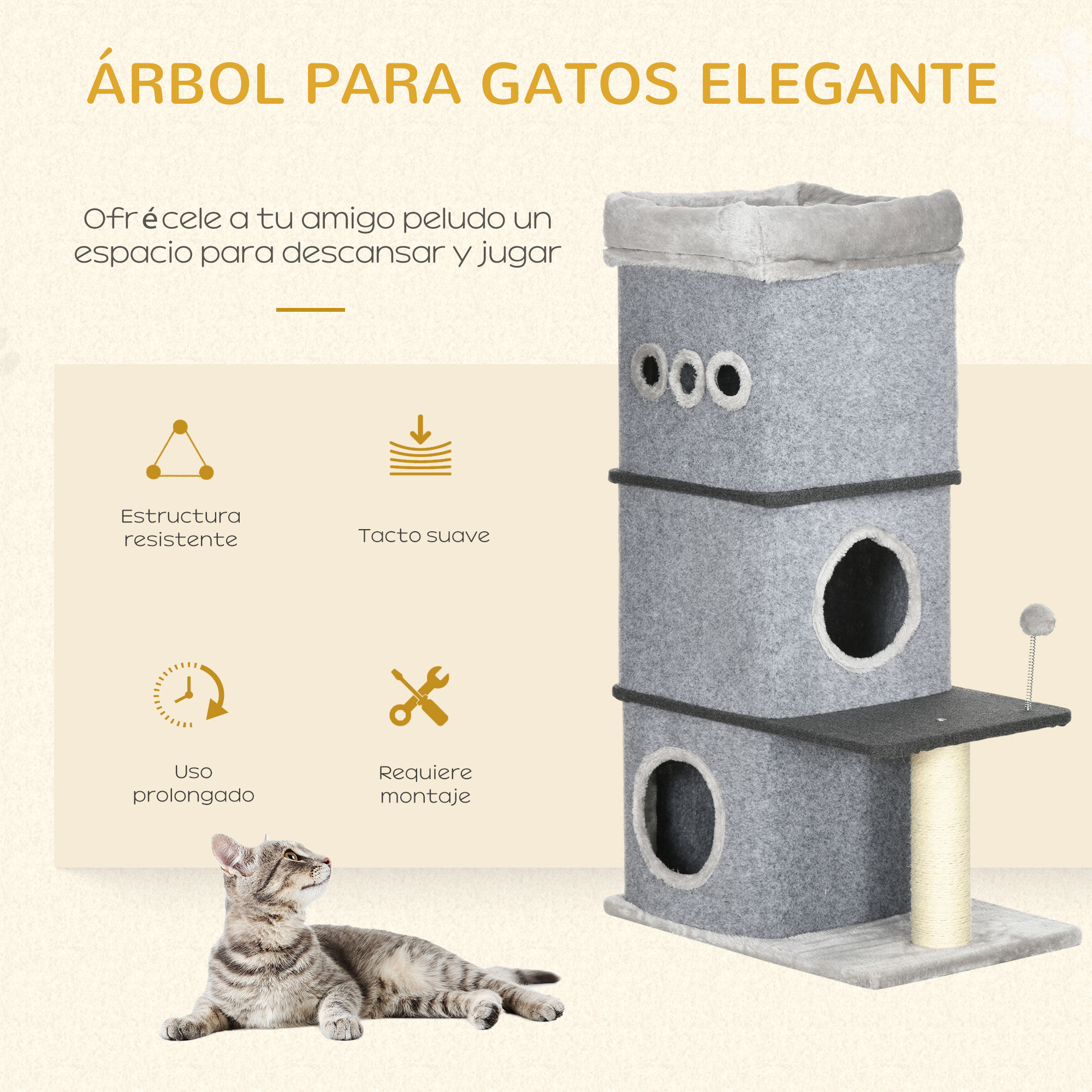 PawHut Barril Rascador para Gatos de 3 Niveles Altura 102 cm Torre para Gatos con Caseta de Fieltro Desmontable Poste de Sisal Cama y Bola de Juguete 60x40x102 cm Gris, , large Imagen numero 4