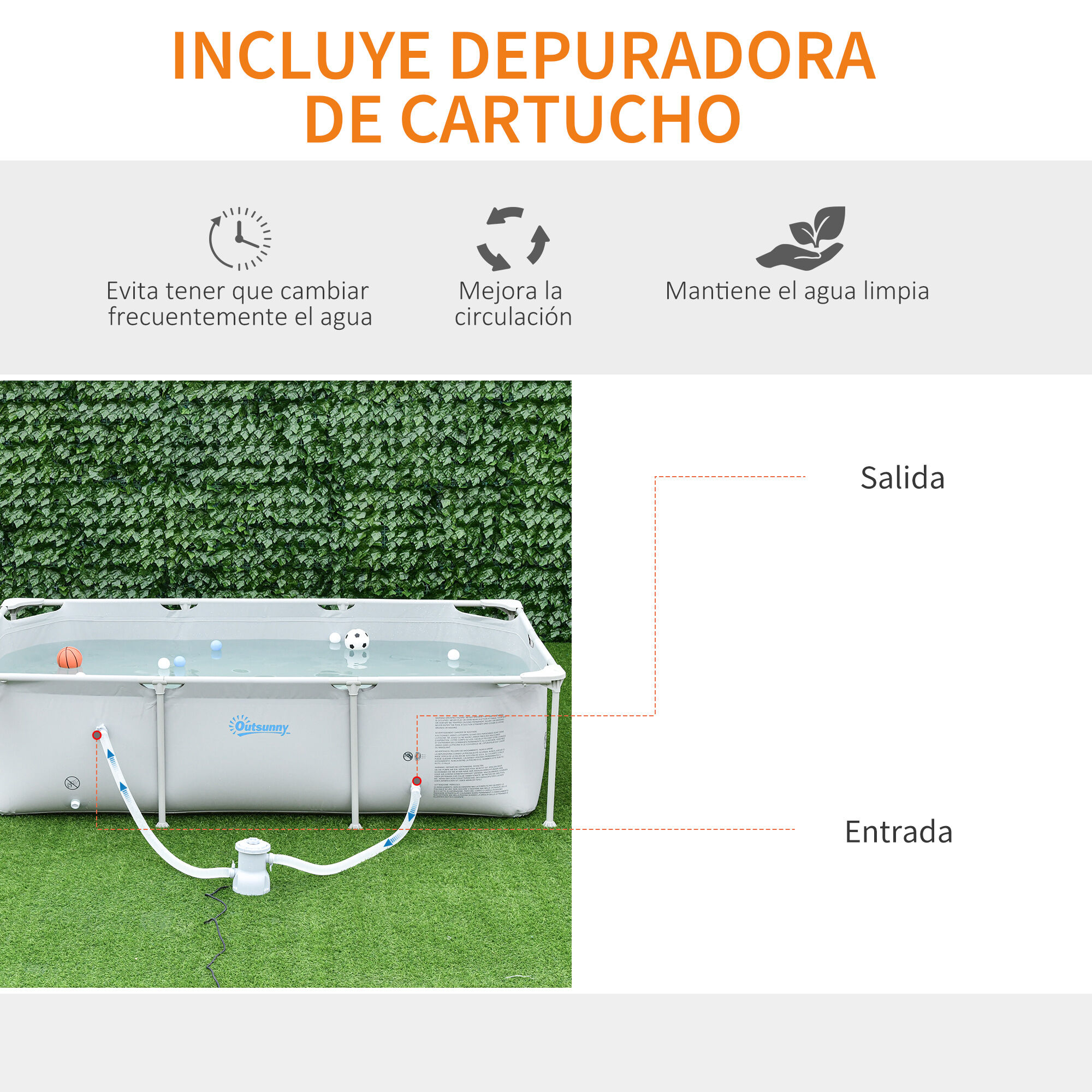 Outsunny Piscina Desmontable Tubular 252x152x65 cm con Depuradora de Cartucho 1200L/H Piscina Rectangular de Exterior para Adultos y Ni&ntilde;os 2163L Gris, , large Imagen numero 5