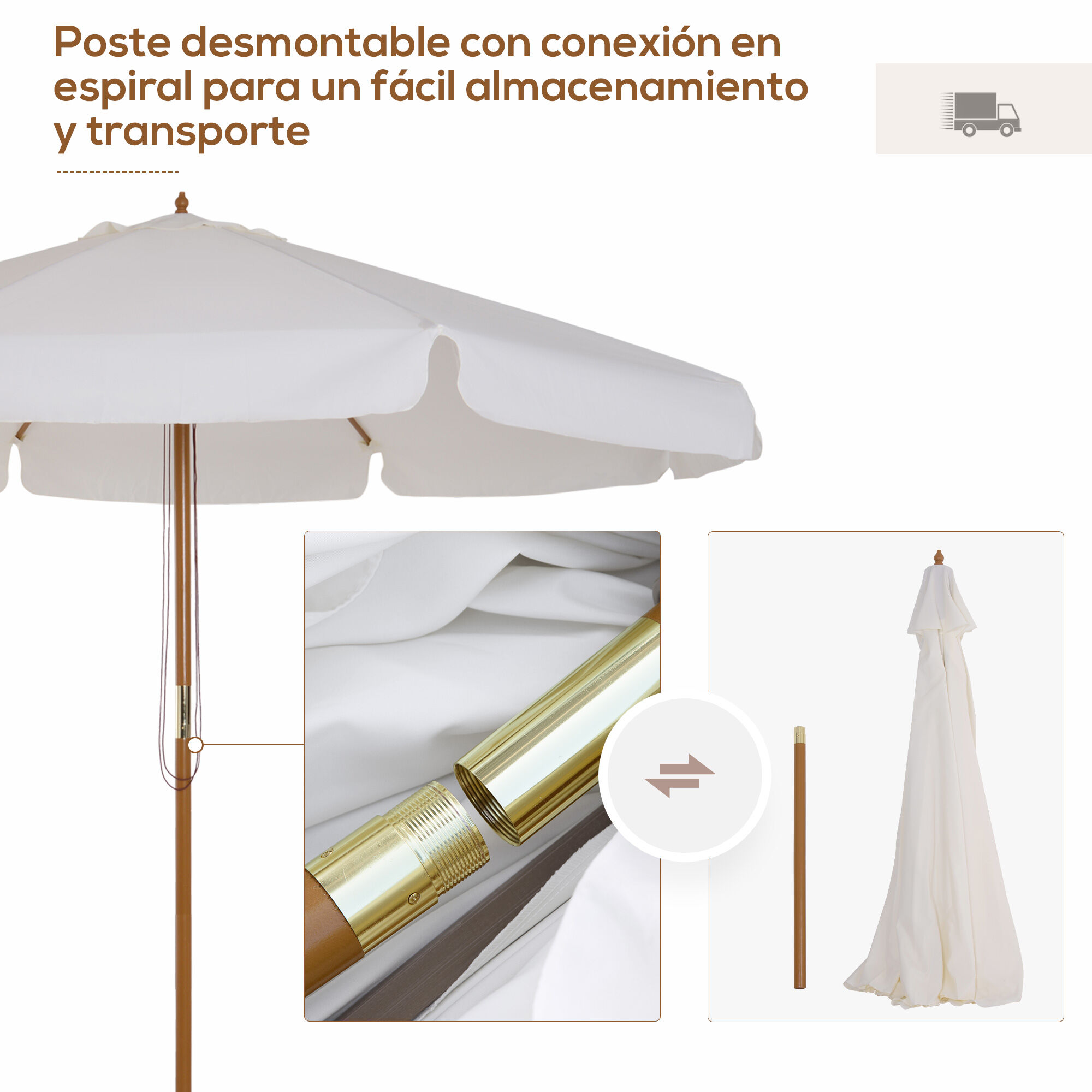 Outsunny Sombrilla de Jard&iacute;n &Oslash;325x250 cm Parasol de Madera con Sistema de Polea Techo de Ventilaci&oacute;n y 8 Varillas de Bamb&uacute; para Terraza Balc&oacute;n Exterior Beige, , large Imagen numero 4