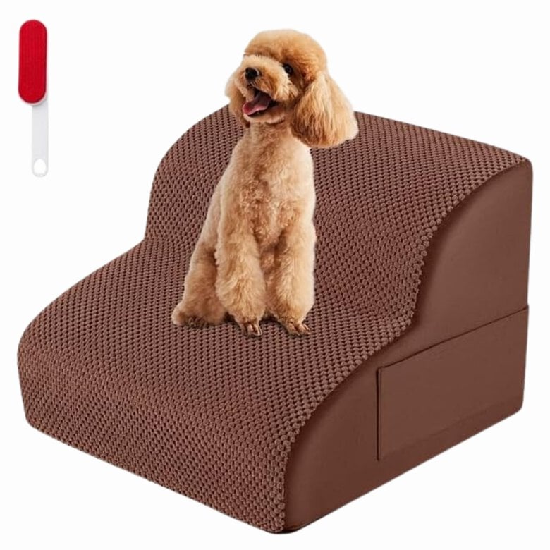 COSTWAY Escalera para Perros, Escalera para Mascotas de 2 Niveles (Marrón) | con Funda Lavable, Base Antideslizante, Pasos para Perros en Pendiente para Sofá, Cama o Sofá, Escalera Suave para Mascotas