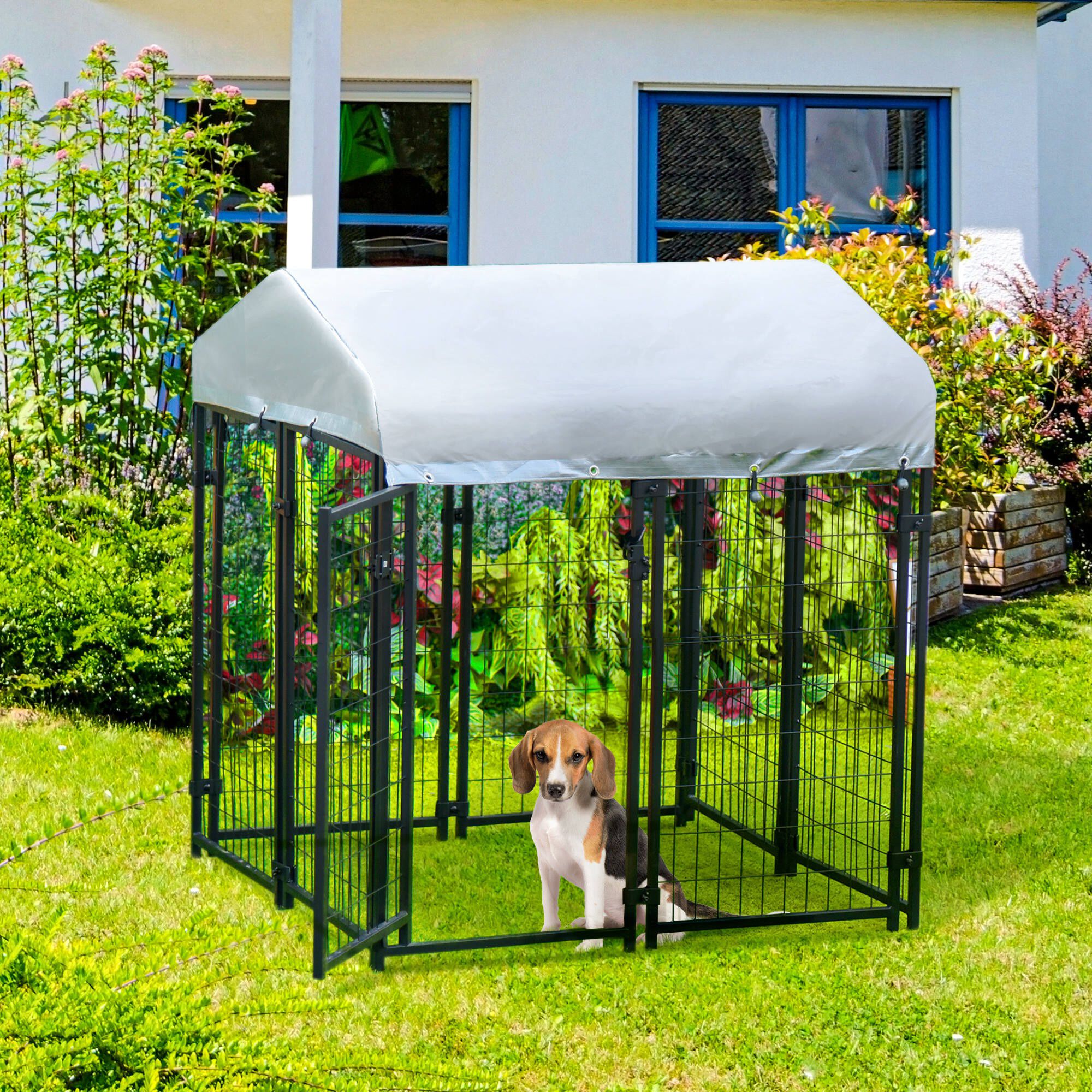 Pawhut Perrera de Exterior con Techo 120x120x138 cm Jaula para Perros Parque para Mascotas con Malla de Metal y Puerta con Cerradura para Jard&iacute;n Patio Plata., , large Imagen numero 2