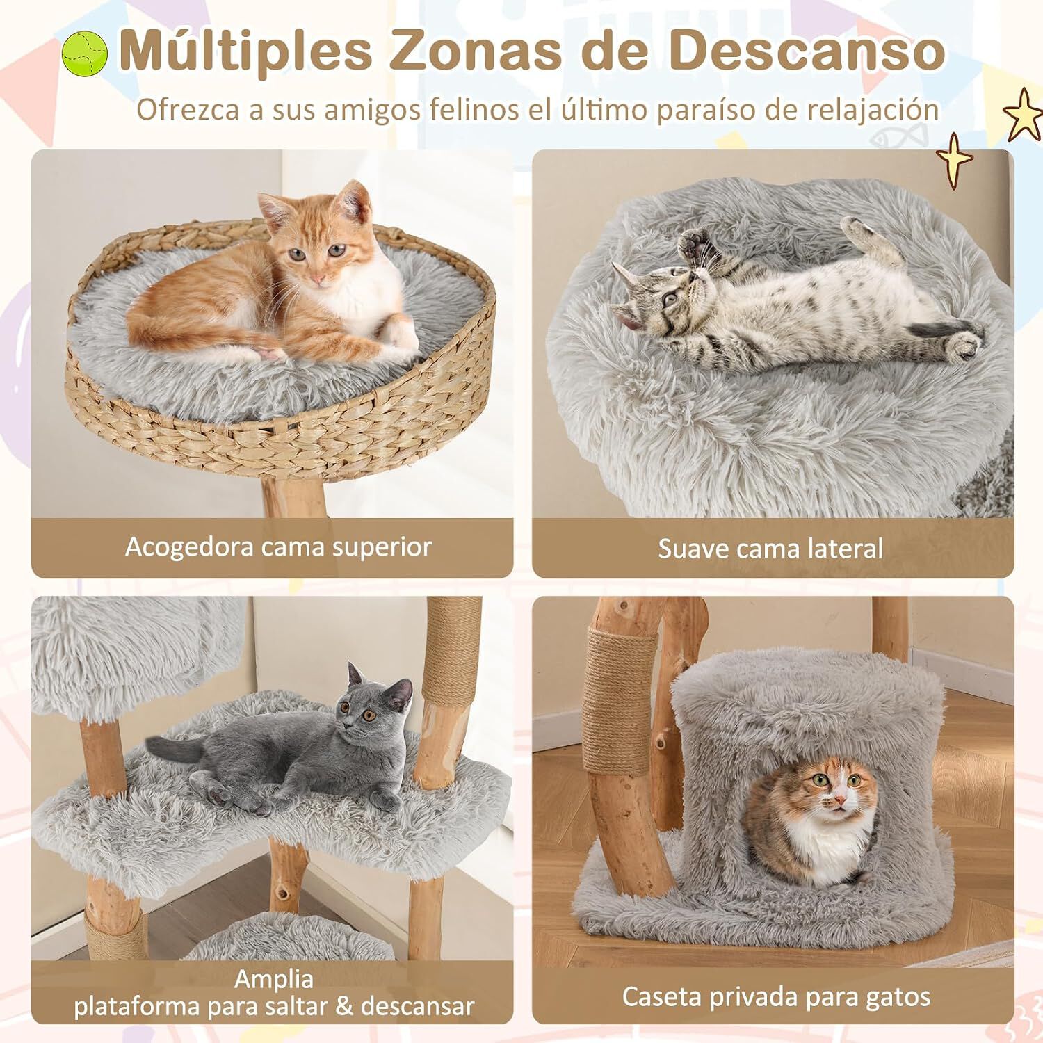 COSTWAY 124cm &Aacute;rbol Rascador para Gatos de Madera Maciza, Torre Rascador para Gatos con Postes de Sisal, Condominio, Plataformas, Centro de Actividades de M&uacute;ltiples Niveles para Gato, Gris, , large Imagen numero 4