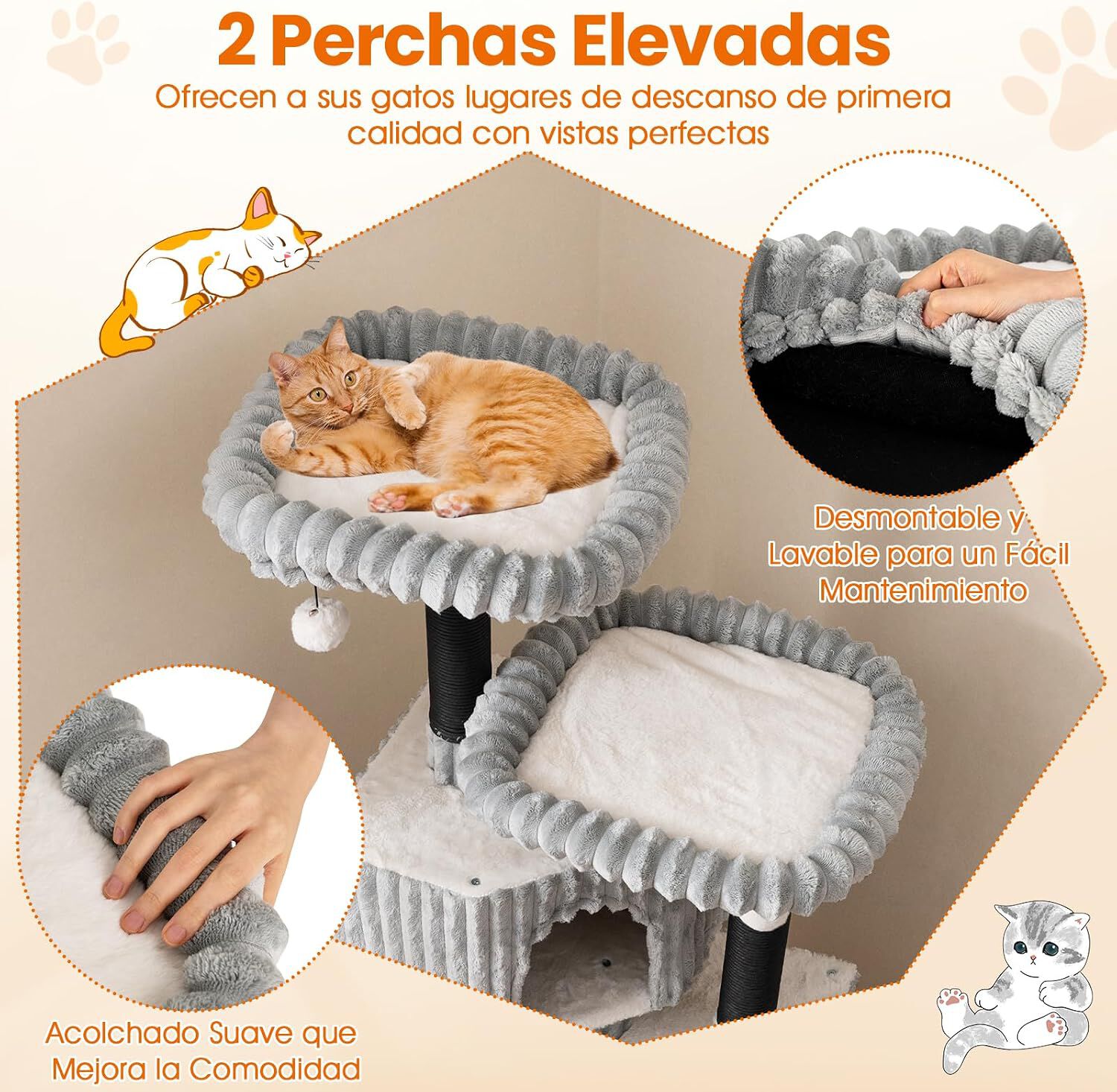 COSTWAY Gran &Aacute;rbol para Gatos de Varios Niveles, Torre Rascador Gatos de 156 cm con 2 Condos, 2 Camas Perchero, Postes para Rascar, Bolas Colgantes con Cascabeles, Revestimiento Suave de Franela, Gris, , large Imagen numero 3