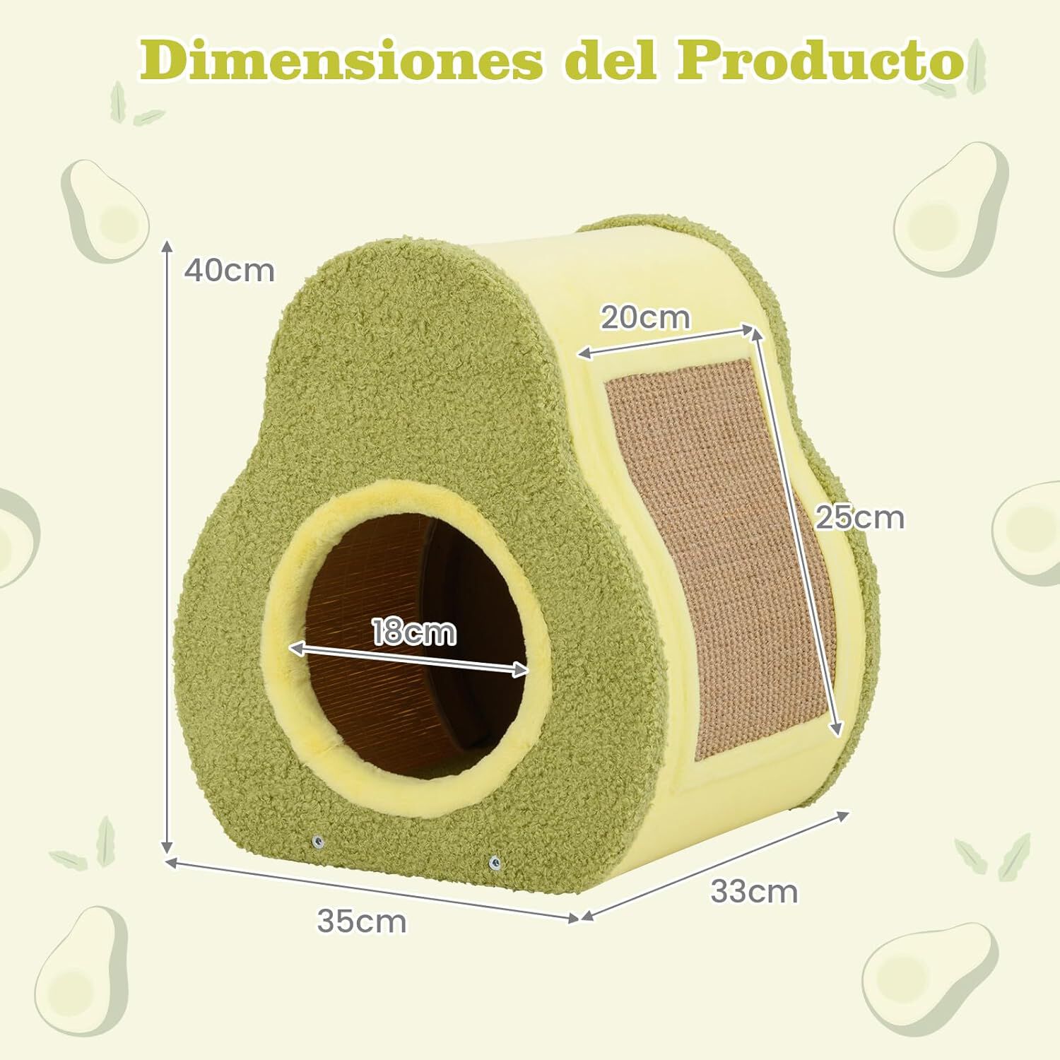 COSTWAY Casa para Gatos, Cama Gato en Forma de Aguacate Adorable con Tablero de Jute para Rascar, Agujero Redondo para Gatos, Condominio Compacto para Gatos de Interior, 35 x 33 x 40 cm thumbnail