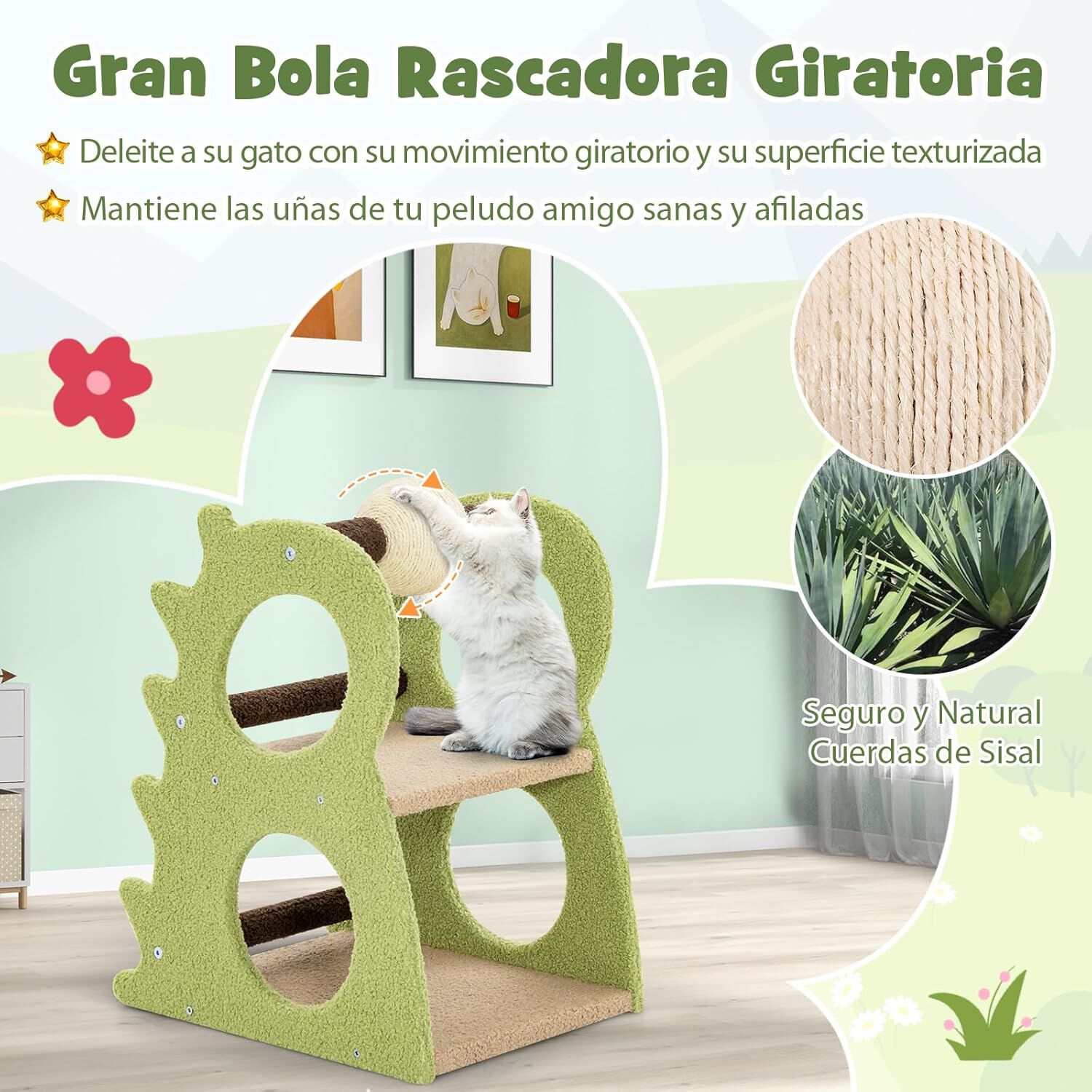 COSTWAY Árbol para Gatos de 2 Niveles, Torre para Gatos en Forma de Dinosaurio, con Bola Rascadora de Sisal y Felpa de Peluche, 4 Agujeros para Explorar, Centro de Actividades para Gatitos thumbnail