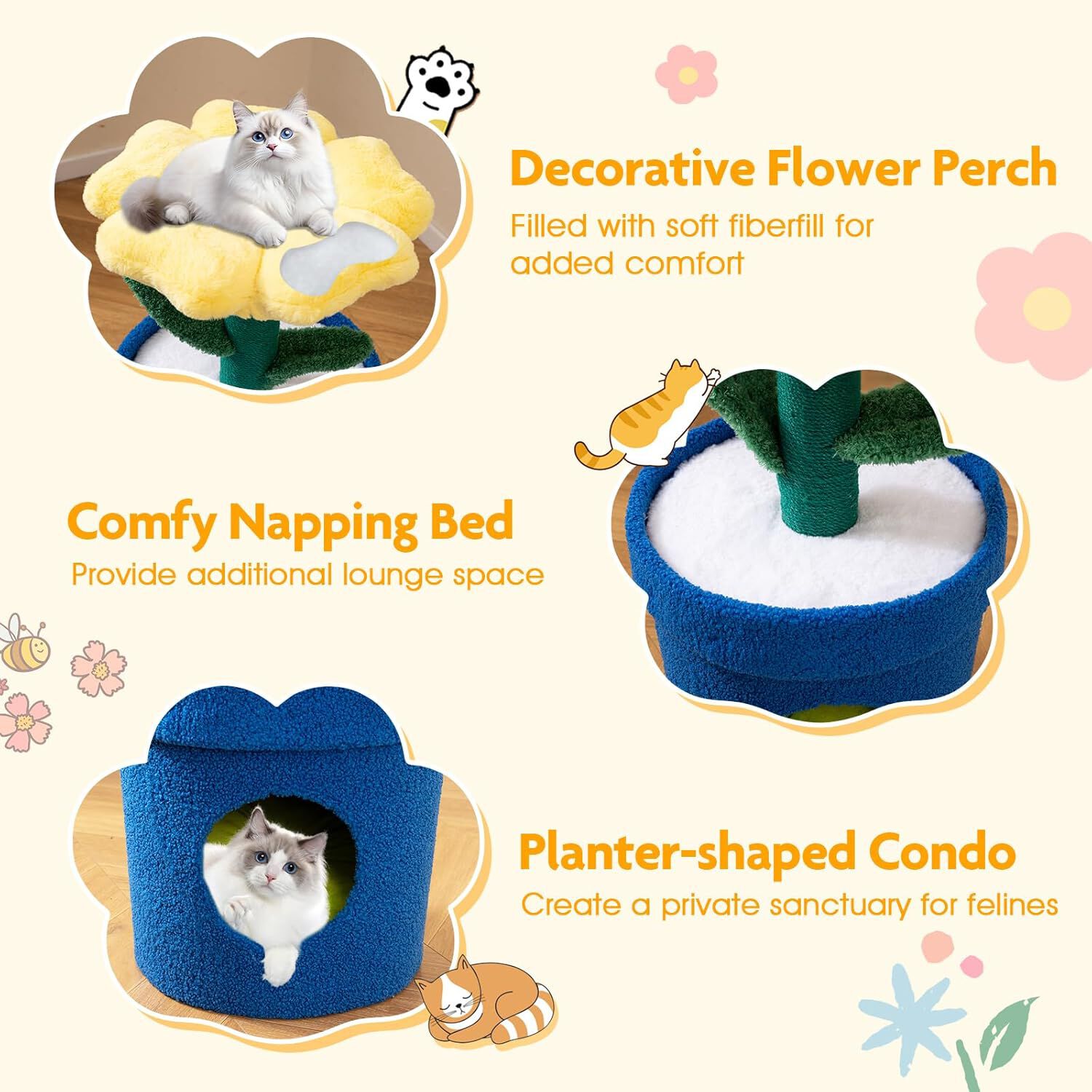 COSTWAY Cama para Gatos con Forma de Flor, Condominio de Mascotas de Interior con Rascador de Sisal, Posadero Acolchado Lavable, Dise&ntilde;o de Maceta, Ideal para Gatitos (Amarillo), , large Imagen numero 5