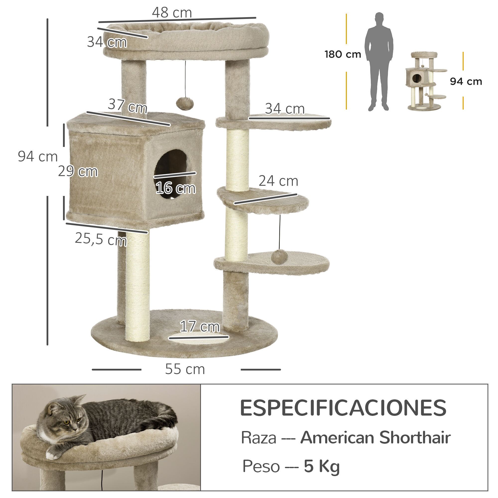 PawHut &Aacute;rbol Rascador para Gatos Peque&ntilde;os Altura 94 cm Torre para Gatos con Cama Superior Cueva 3 Escaleras Bolas Colgantes y Postes de Sisal 55x55x94 cm Marr&oacute;n, , large Imagen numero 3