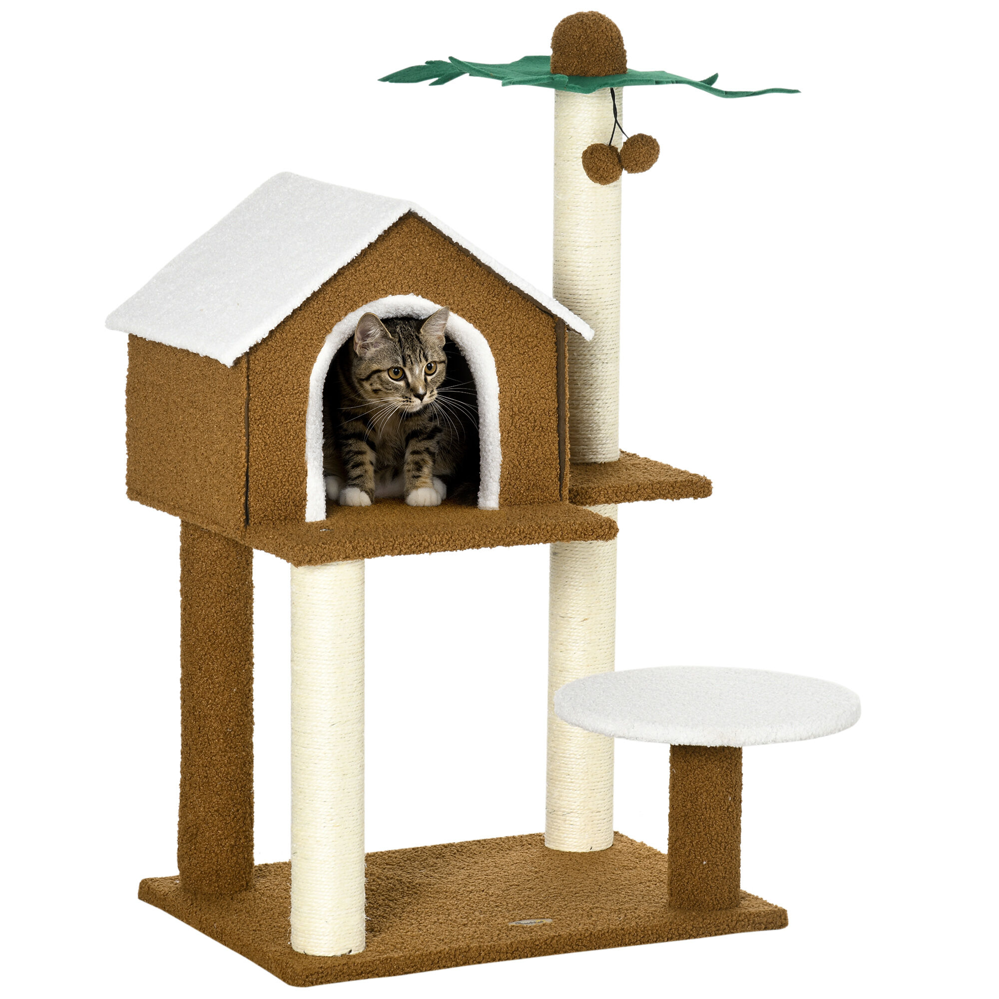 PawHut &Aacute;rbol Rascador para Gatos Altura 89 cm Torre para Gatos con Caseta de Felpa Plataforma Poste en Forma de Coco de Sisal y Bolas Colgantes 55x40x89 cm Marr&oacute;n, , large Imagen numero 1