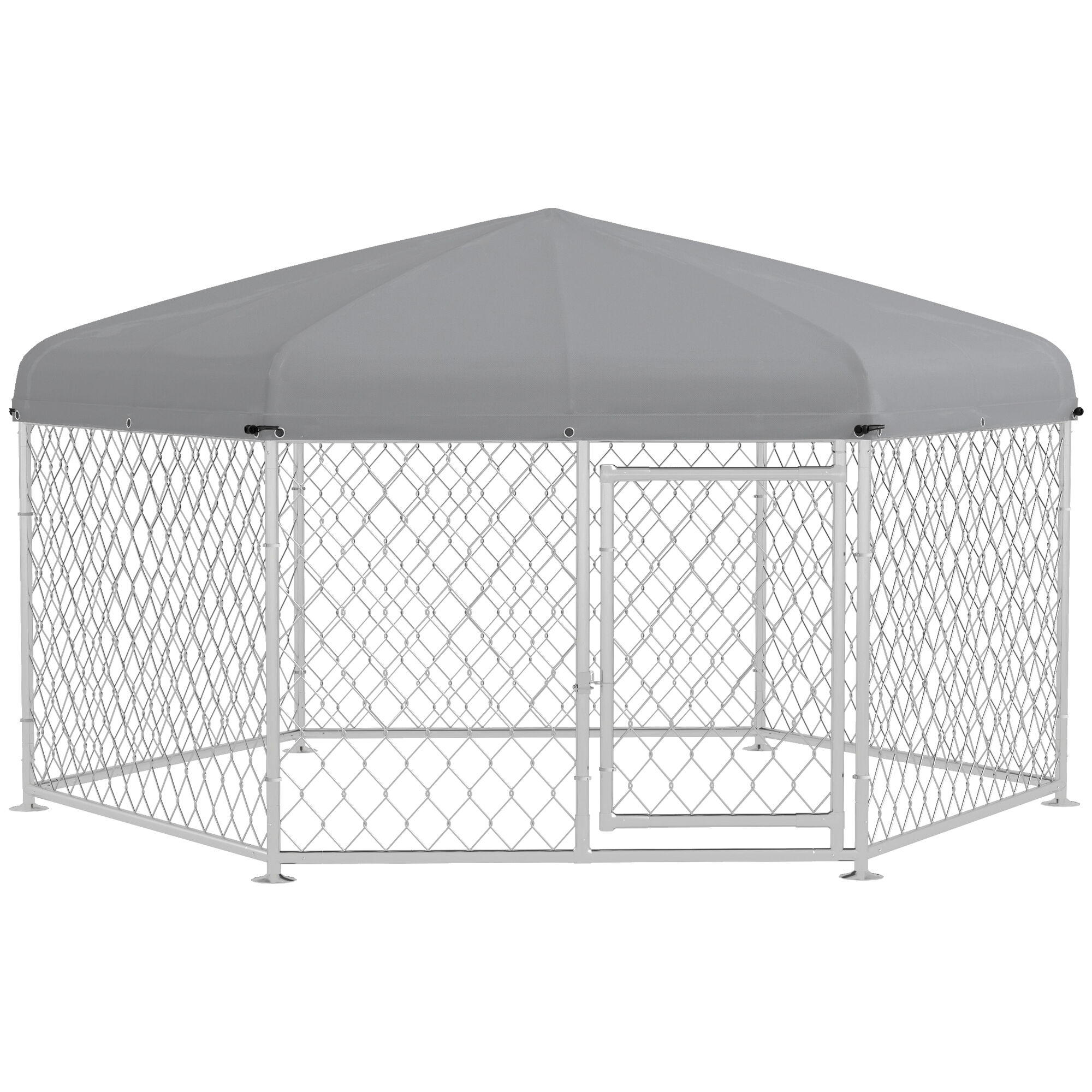 PawHut Perrera de Exterior Hexagonal Jaula para Perros con Puerta Marco de Acero Galvanizado y Toldo Impermeable y Anti-UV 210x185x150 cm Plata, , large Imagen numero 1