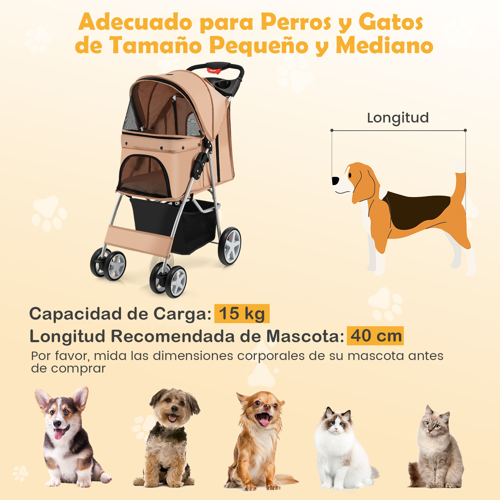 COSTWAY Cochecito para Mascotas Plegable, Cochecito de Mascotas de 4 Ruedas para Gatos/Perros, Carrito para Gatos con Cesta de Almacenamiento para Mascotas, Ventana de Malla, impermeable (Beige), , large Imagen numero 2