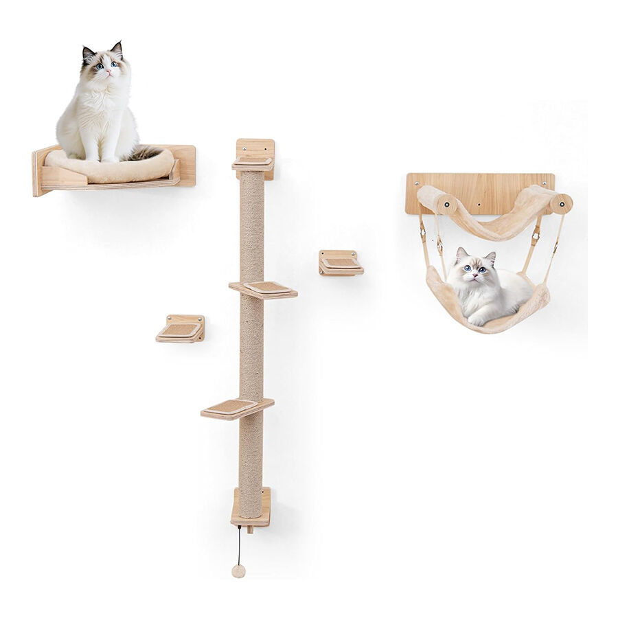 COSTWAY Juego de Muebles de Pared para Gatos de 5 Piezas, Estantes con 2 Hamacas, Cama y Postes Rascadores de Yute, Trepador de Madera con Pelota Colgante, Parque de Juegos, Natural thumbnail