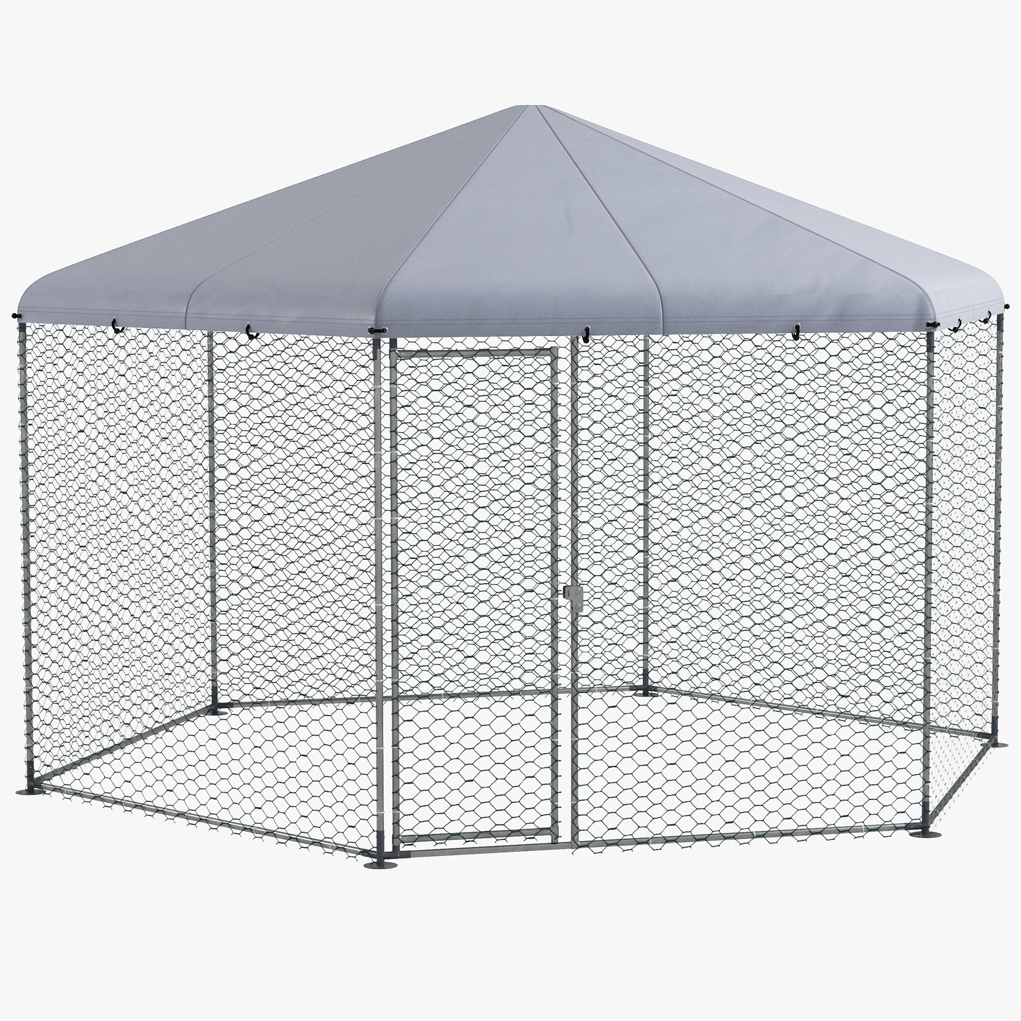 PawHut Gallinero para Exterior Grande de Acero 400x346x263 cm Jaula de Aves en Forma de Hex&aacute;gono Cubierta de Tela Oxford Resistente a los Rayos UV e Impermeable para Patio Plata, , large Imagen numero 1