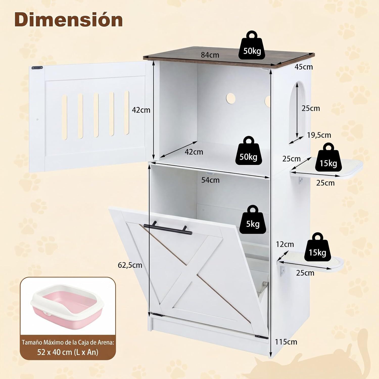COSTWAY Armario para Caja de Arena para Gatos, Mueble Arenero Gato con Armario Abatible, 2 Plataformas, 2 Almohadillas Rascadoras de Sisal, Ba&ntilde;o Oculto, Casa de Madera para Gatitos de Interior Sal&oacute;n, , large Imagen numero 5