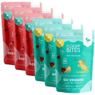 FlooppBITES soft snacks naturales sabor beef & veggies y go veggie para perros