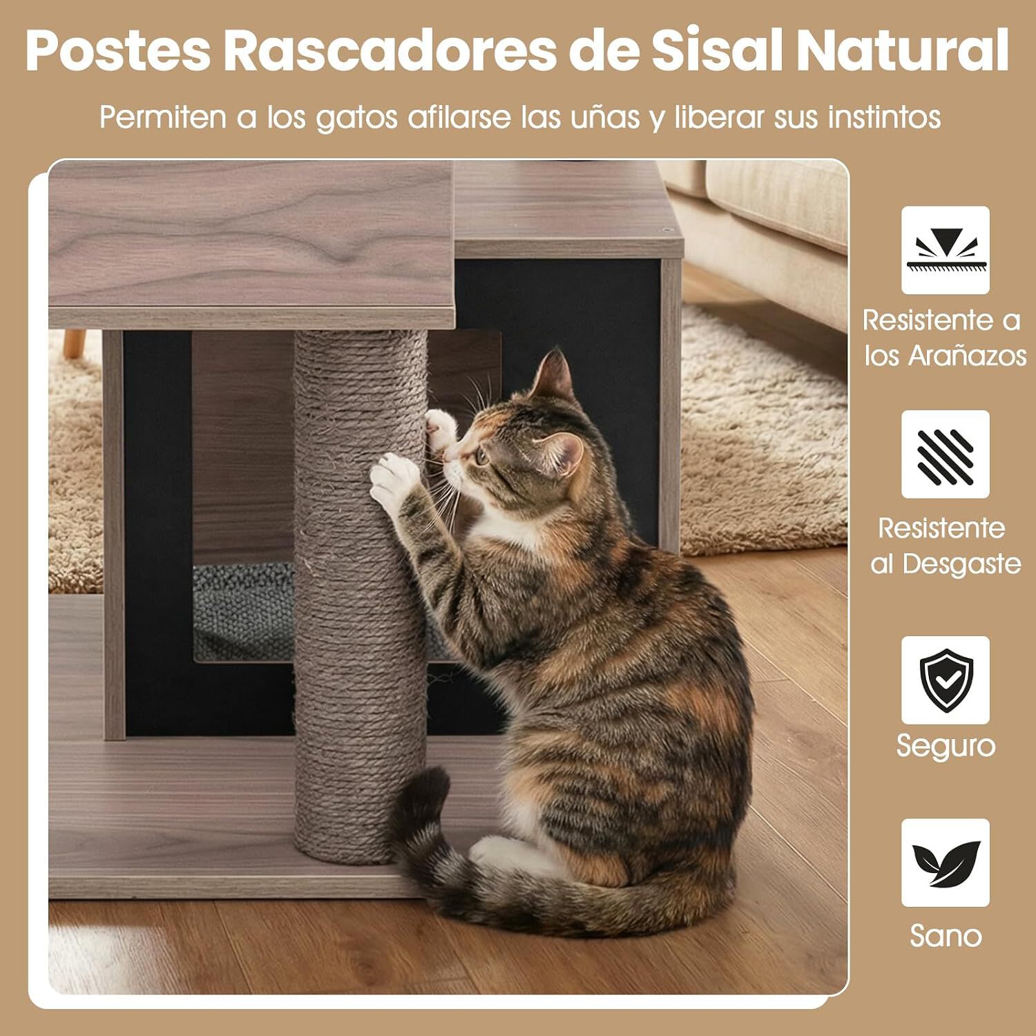 COSTWAY Mueble Rascador para Gatos, 93 cm Torre de Gatitos de Madera Multinivel con Poste Rascador de Sisal, Condominios, Percha, Cojines y Alfombrilla Extra&iacute;bles, &Aacute;rbol Rascador para Gatos, , large Imagen numero 3