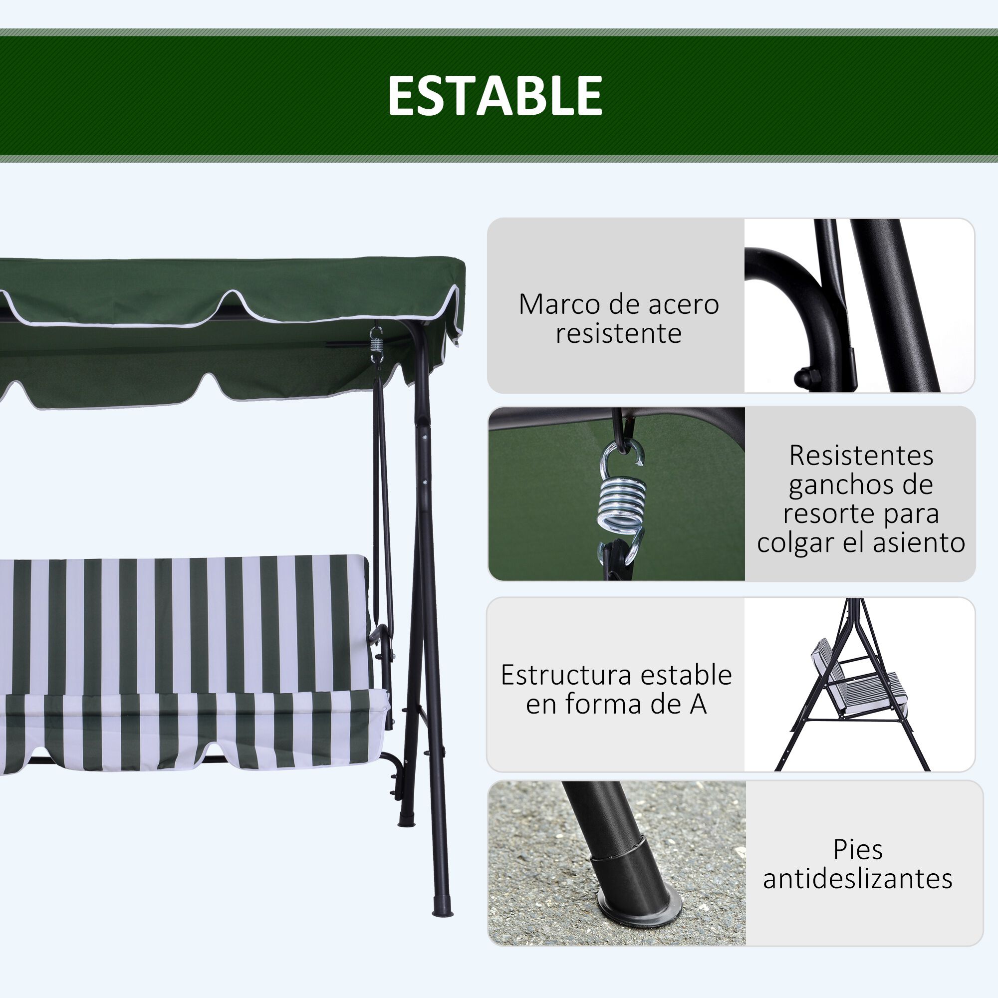 Outsunny Columpio de Jard&iacute;n de 3 Plazas Silla Balanc&iacute;n con Parasol Techo Ajustable en &Aacute;ngulo Impermeable para Exterior Terraza Balc&oacute;n Carga M&aacute;x. 200 kg Acero 172x110x153 cm Verde, , large Imagen numero 5