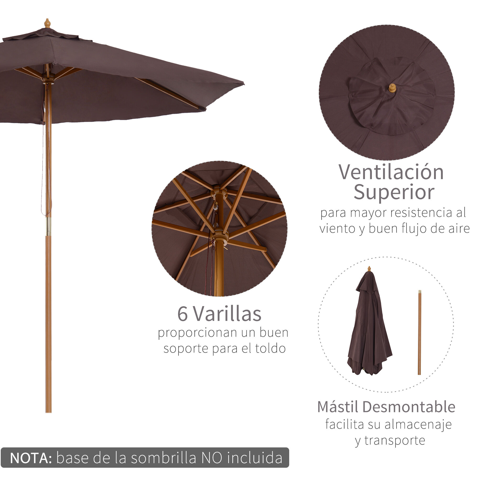 Outsunny Sombrilla de Terraza &Oslash;250x230 cm Parasol de Jard&iacute;n de Madera con 6 Varillas Sistema de Cuerda para Exterior Balc&oacute;n Patio Caf&eacute;, , large Imagen numero 5