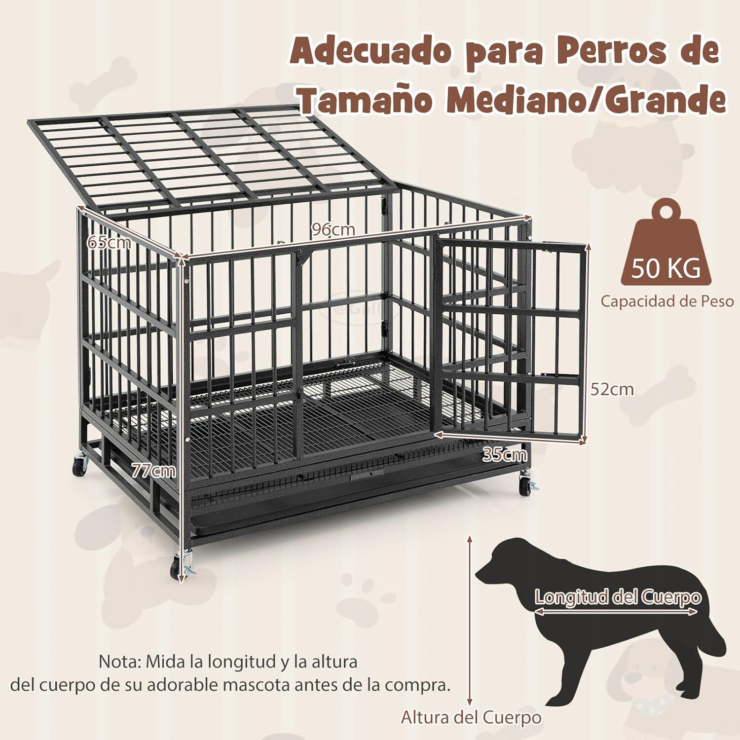 COSTWAY Jaula para Perros Plegable, Jaula para Mascotas de Metal con 2 Puertas, 4 Ruedas Giratorias, Bandeja Extra&iacute;ble, Caja para Perros Port&aacute;til para Interiores y Exteriores (96 x 65 x 77 cm), , large Imagen numero 2