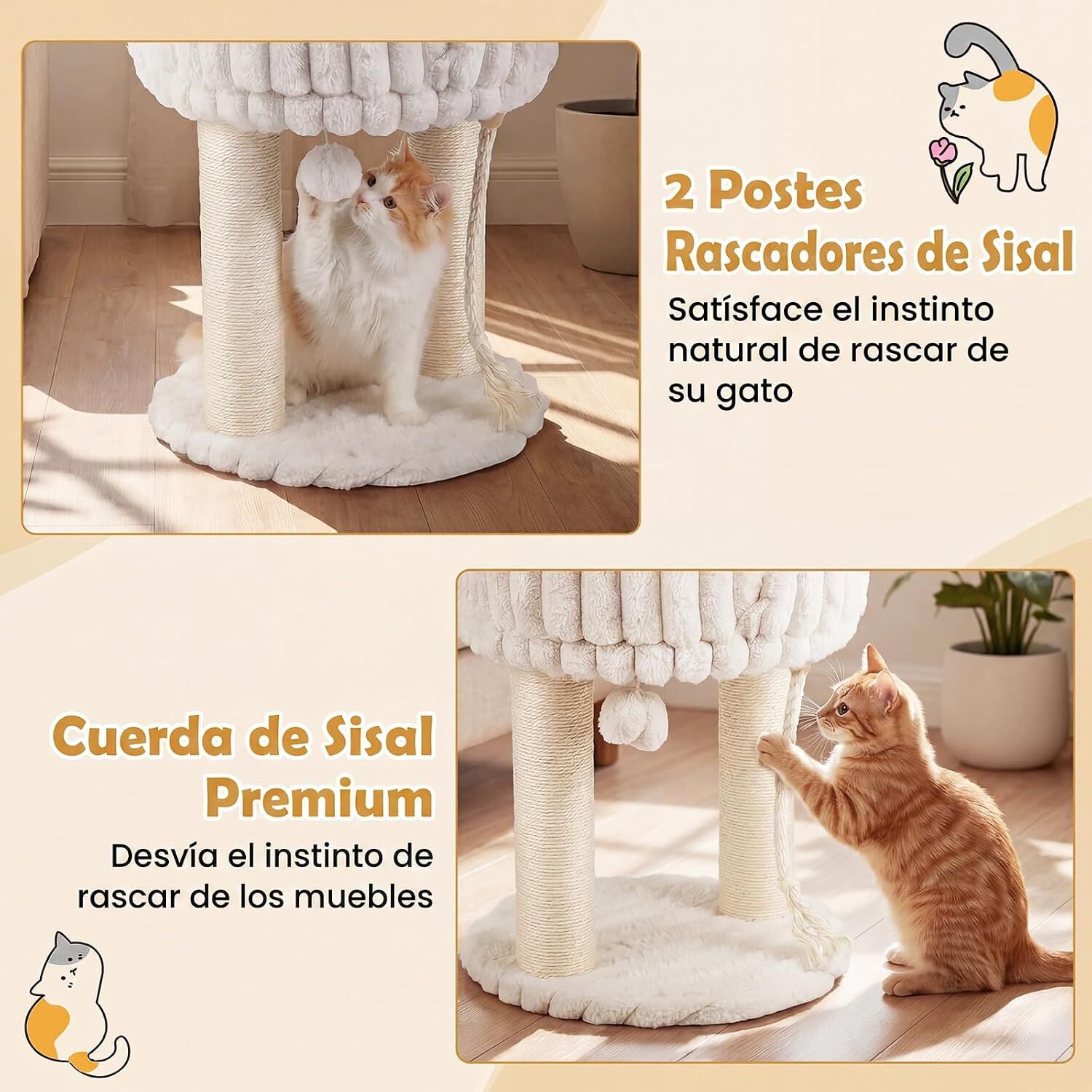 COSTWAY 40 x 40 x 50,5 cm &Aacute;rbol para Gatos Peque&ntilde;o (Beige) | Torre para Gatos con Plataforma Superior de Felpa, Rascadores de Sisal, Bola Colgante, Torre gato Interior para Mascotas, , large Imagen numero 4