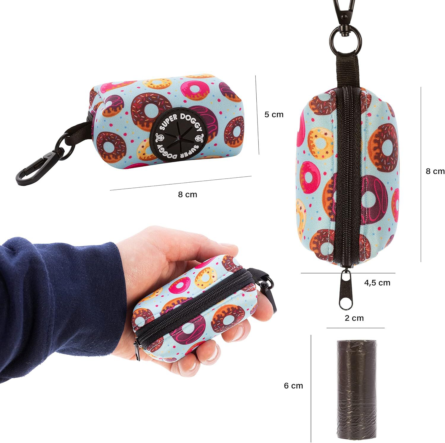 Dispensador de Bolsas Caca Perro Super Doggy&reg; - Porta Bolsas de Excrementos con Mosqueton - Bolso Accesorios para Mascotas - Incluye un Rollo de Bolsas (Donuts), , large Imagen numero 3