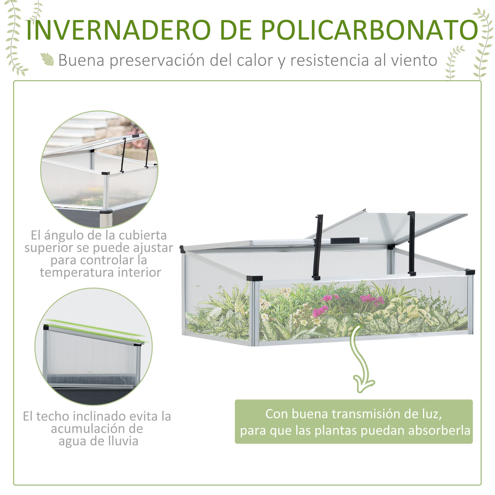 Outsunny Huerto Urbano Elevado de Aluminio 78,5x47x74,5 cm Macetero con Cubierta de Policarbonato y Techos Abatibles para Cultivos Planta Flores Gris, , large Imagen numero 5