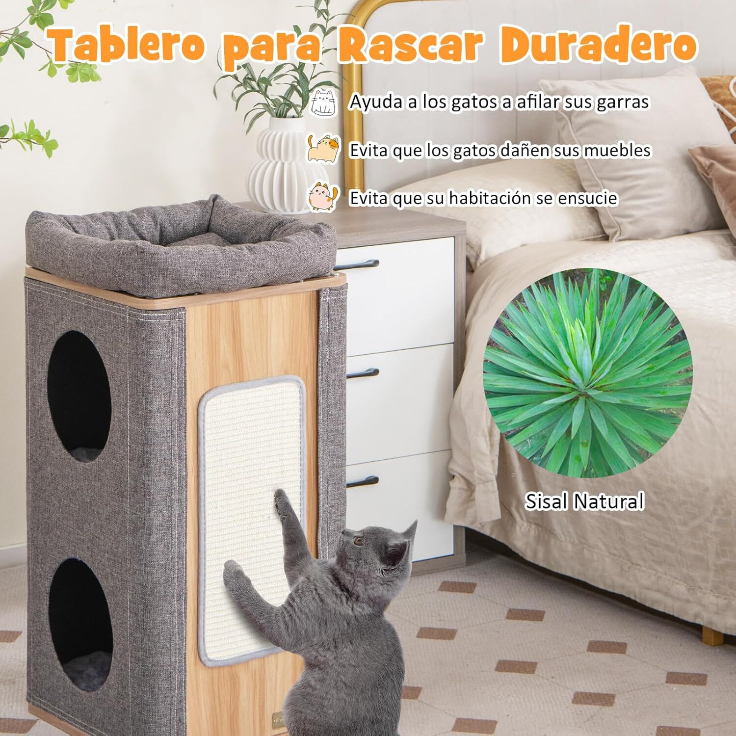 COSTWAY Condominio para Gatos de 3 Pisos, Casa para Gatos con Tabla de Rascar y 2 Entradas, Casa en Forma de Barril para Gatos de Interior, Casa para Gatos de 3 Pisos, 38 x 38 x 77,5 cm, , large Imagen numero 3