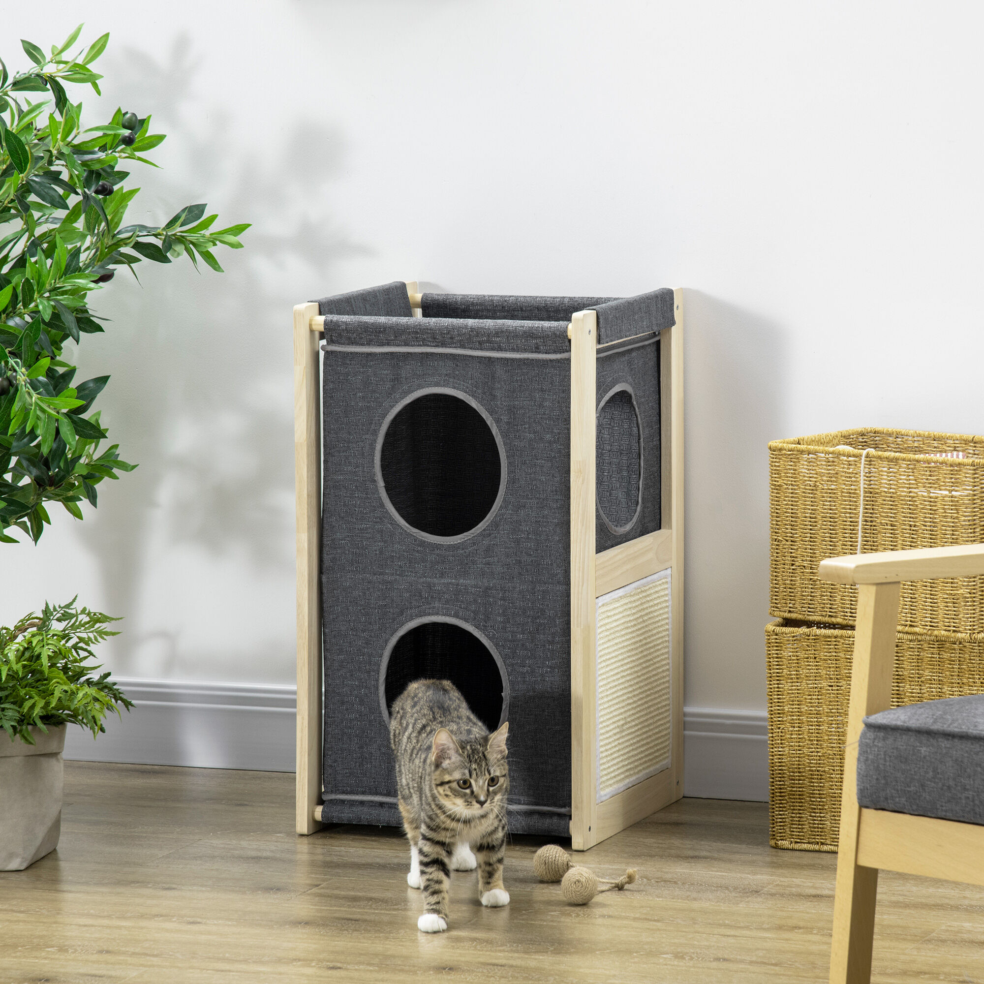 Pawhut Cama Cueva para Gatos de Madera Barril Rascador para Gatos Casa para Gatos de Interior con 2 Cojines Extra&iacute;bles y Lavables Tablero de Sisal 40x40x70 cm Gris, , large Imagen numero 2