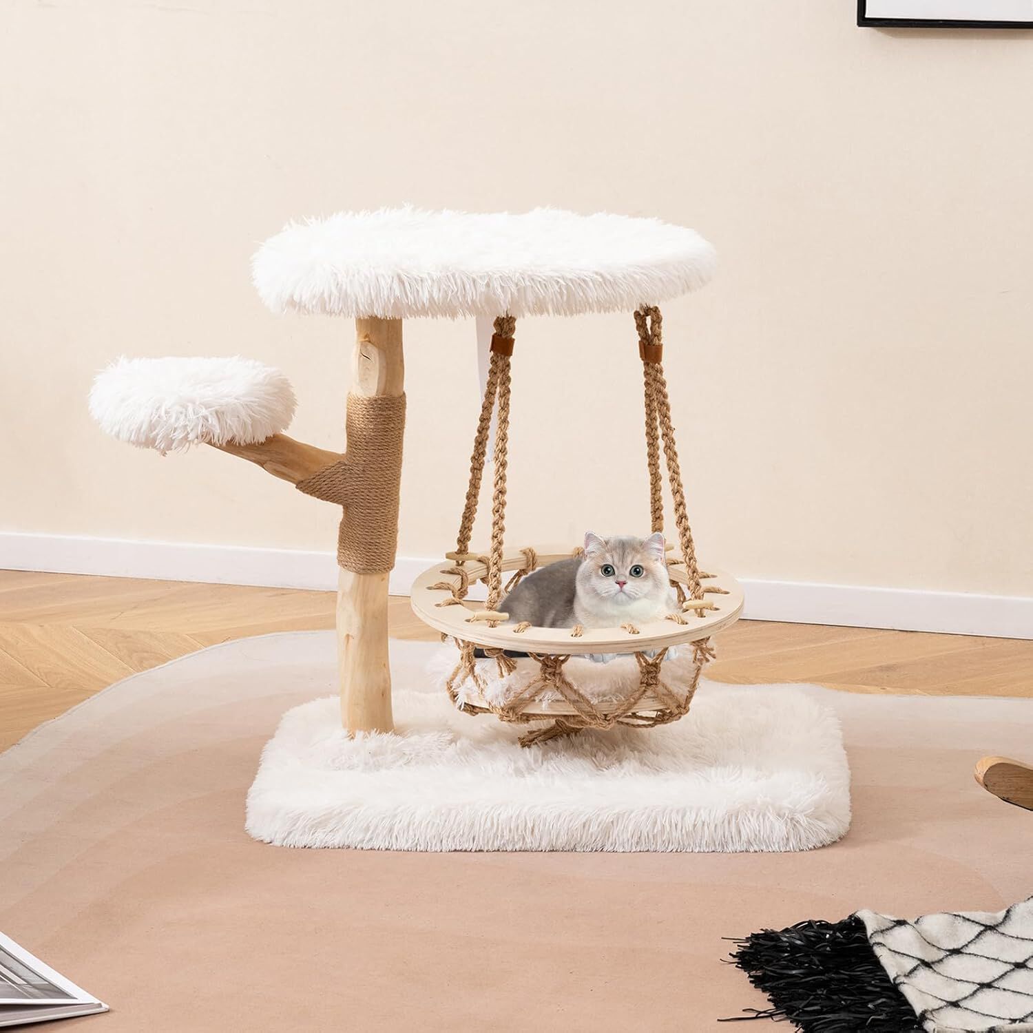 COSTWAY Árbol Rascador para Gatos Moderno, Marco de Madera Peral, 66 cm Torre para Gatitos con Cuna Colgante, Arbol Gatos con Plataforma Acolchada, Cojín de Peluche Suave, Poste de Yute, Blanco thumbnail