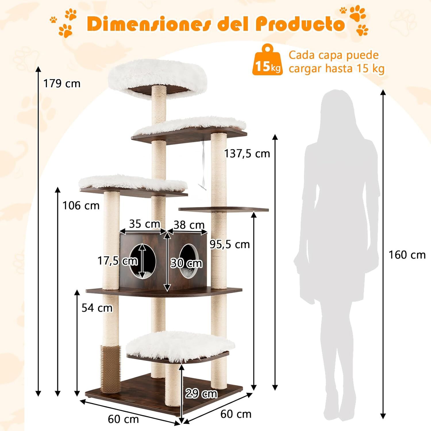 COSTWAY &Aacute;rbol para Gatos de 175 cm, Torre para Gatos de Madera, con Plataformas Multinivel, Rascadores y Columnas de Cuerdas de Sisal, Casa para Gatos Recubierta en Tejido Afelpado, Intustrial, , large Imagen numero 5