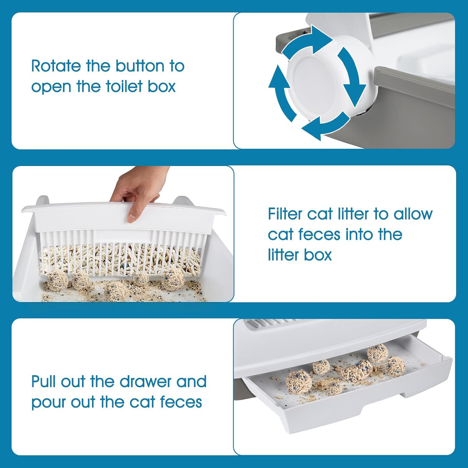 COSTWAY Arenero para Gatos con Bordes Altos, 60x46x24 cm, Caja de Arena para Gatos Semi-Autom&aacute;tica a Prueba de Salpicaduras con Bandeja Tipo Caj&oacute;n, Pala Deslizante y Pedal Filtrante de Arena (Blanco, , large Imagen numero 3