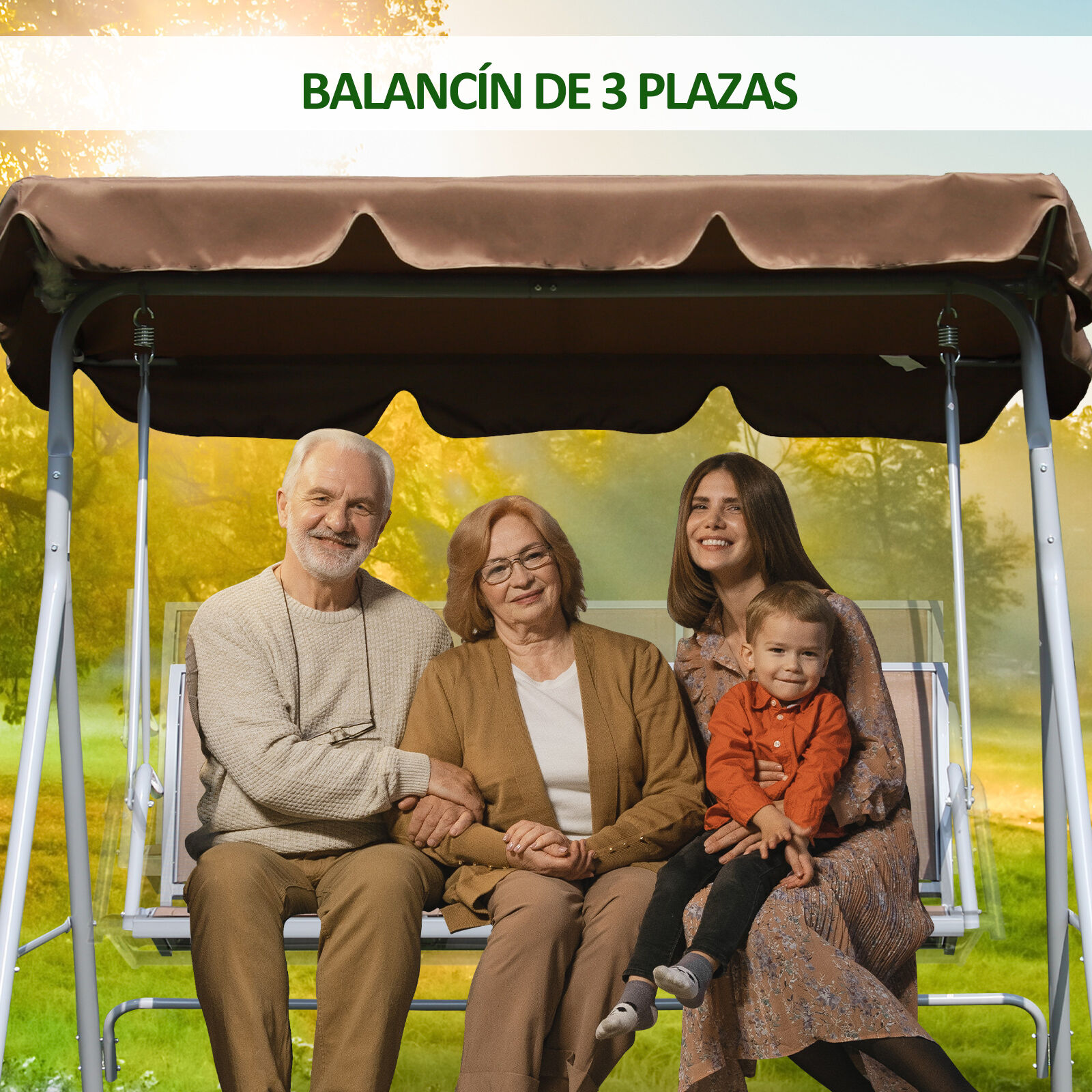 Outsunny Balanc&iacute;n Jard&iacute;n Exterior Columpio Exterior de 3 Plazas con Toldo Ajustable Respaldo Transpirable y Marco de Metal para Terraza Balc&oacute;n Carga 240 kg 171x108x154 cm Marr&oacute;n, , large Imagen numero 4