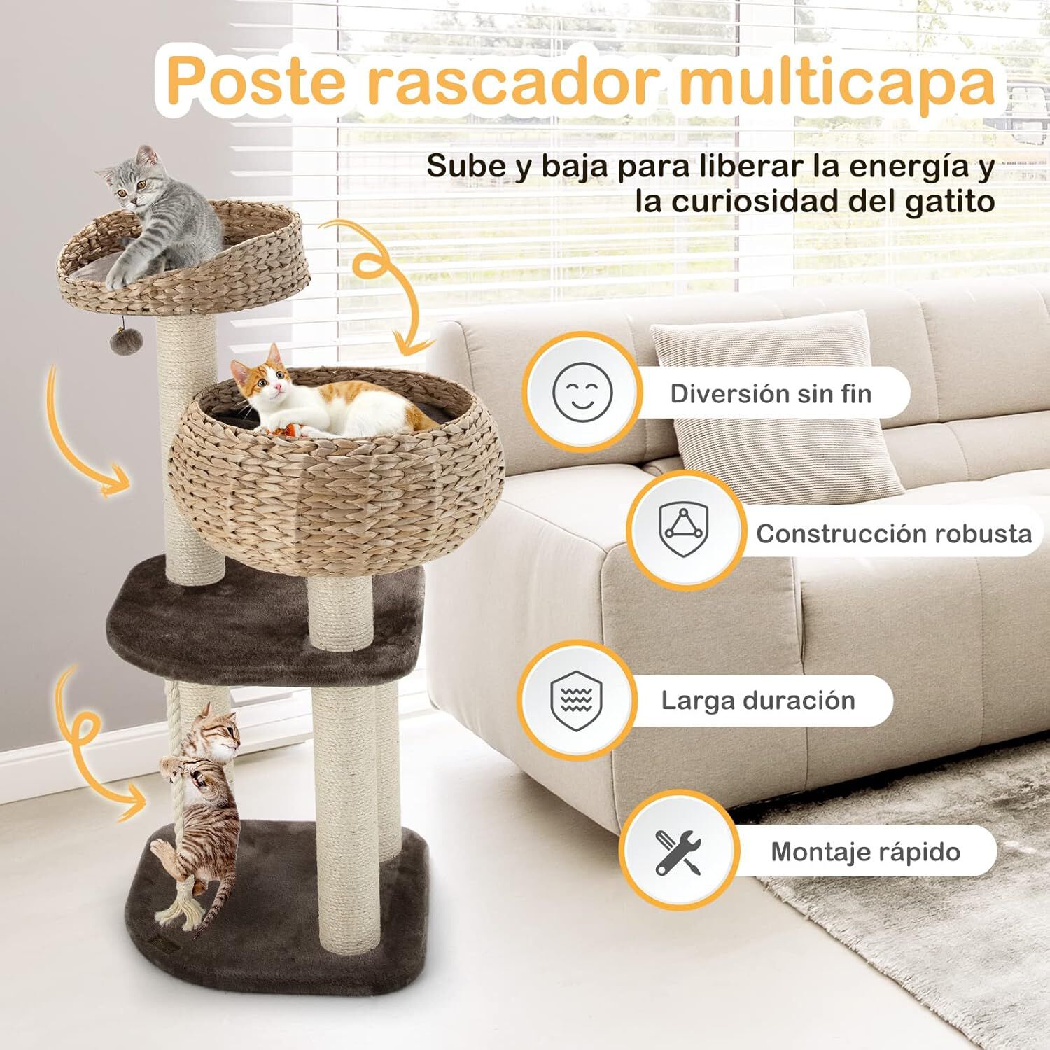 COSTWAY &Aacute;rbol para Gatos de Interior con Posaderos, Camas con Forma de Cesta Hechas a Mano, Pelota Juguete Colgando y Cuerda, Palos Rascadores Envueltos en Sisal Natural, Torre a la Moda para Gatos, , large Imagen numero 3