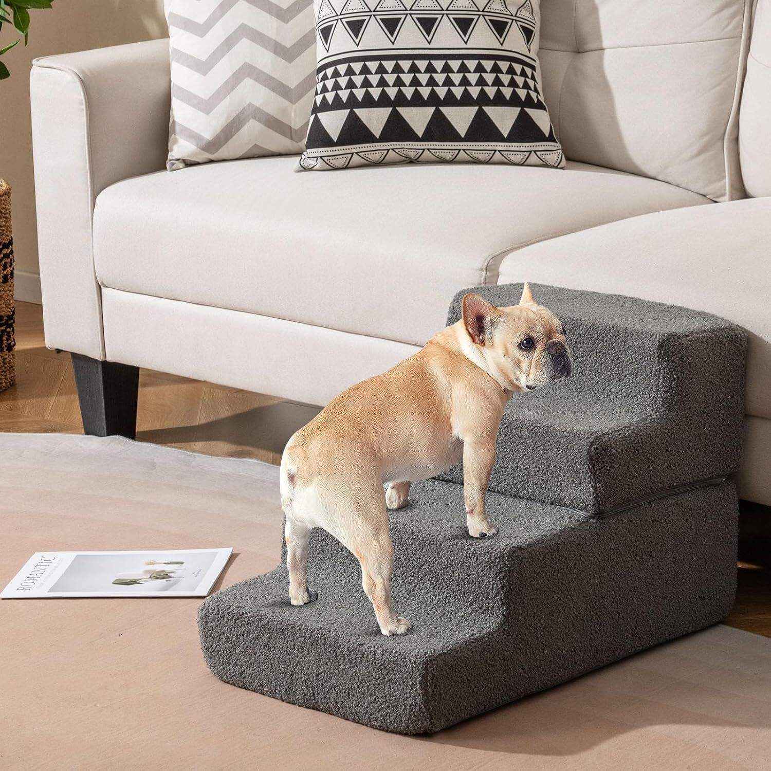 COSTWAY Escalera para Perros de 4 Pelda&ntilde;os, 60x40x40 cm, Rampa Plegable para Perros de Espuma con Fondo Antideslizante, Cubierta Extra&iacute;ble y Lavable, Escalera Mascotas para Cama y Sof&aacute;, Ligera, Gris, , large Imagen numero 2