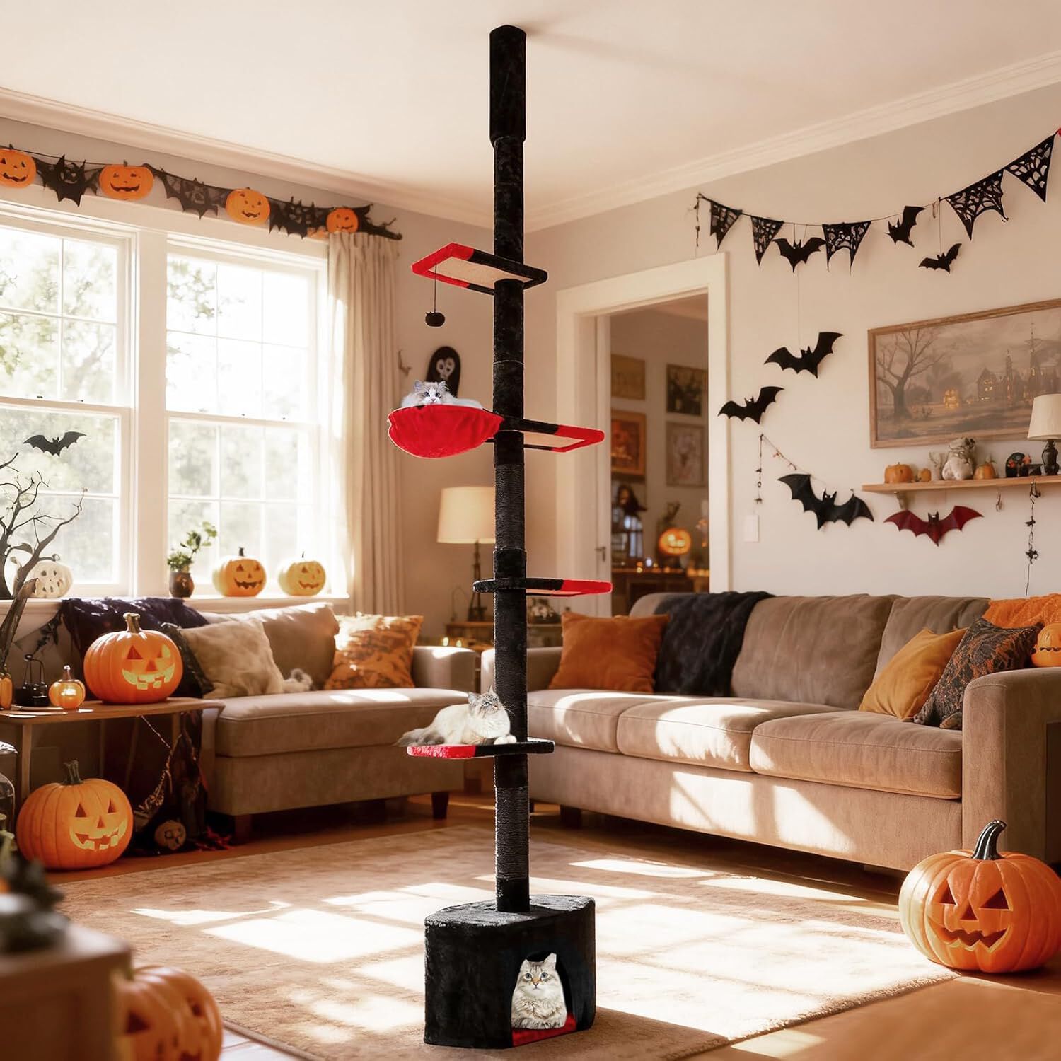 COSTWAY &Aacute;rbol Rascador para Gatos G&oacute;tico de Suelo a Techo, Ajustable de 245-300 cm, Torre Alta de 5 Niveles con Caseta, Hamaca, Postes Rascadores de Sisal, Bola Colgante, Casa de Juegos para Gatitos, , large Imagen numero 2