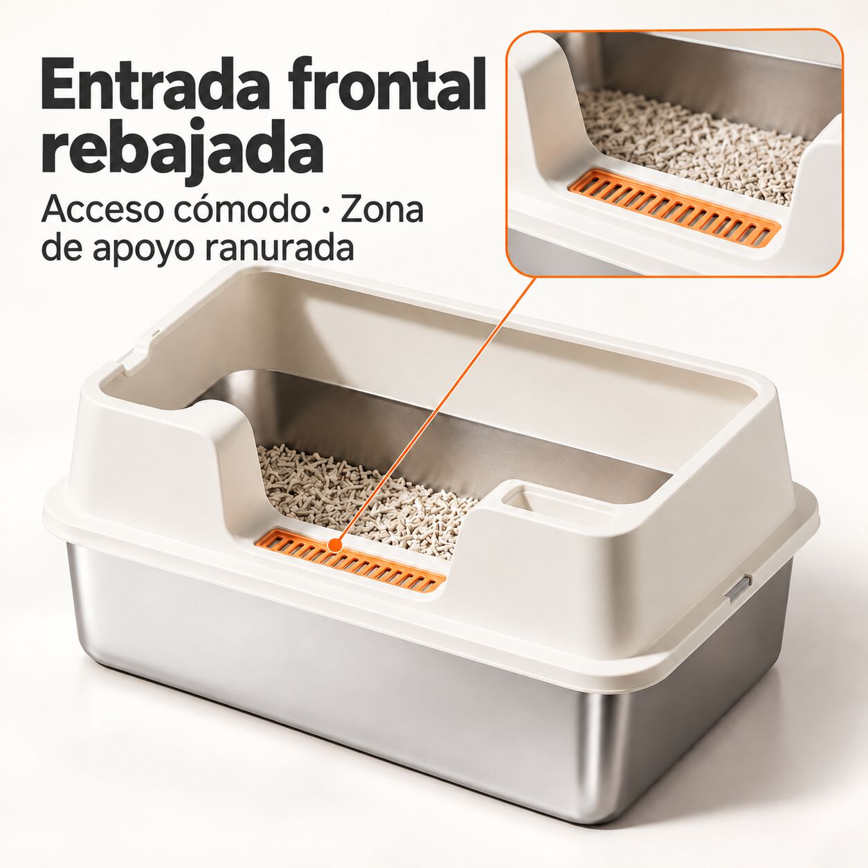 Arenero XL de acero inoxidable para gatos con bordes altos, blanco roto, 60 &times; 40 &times; 27 cm, , large Imagen numero 5