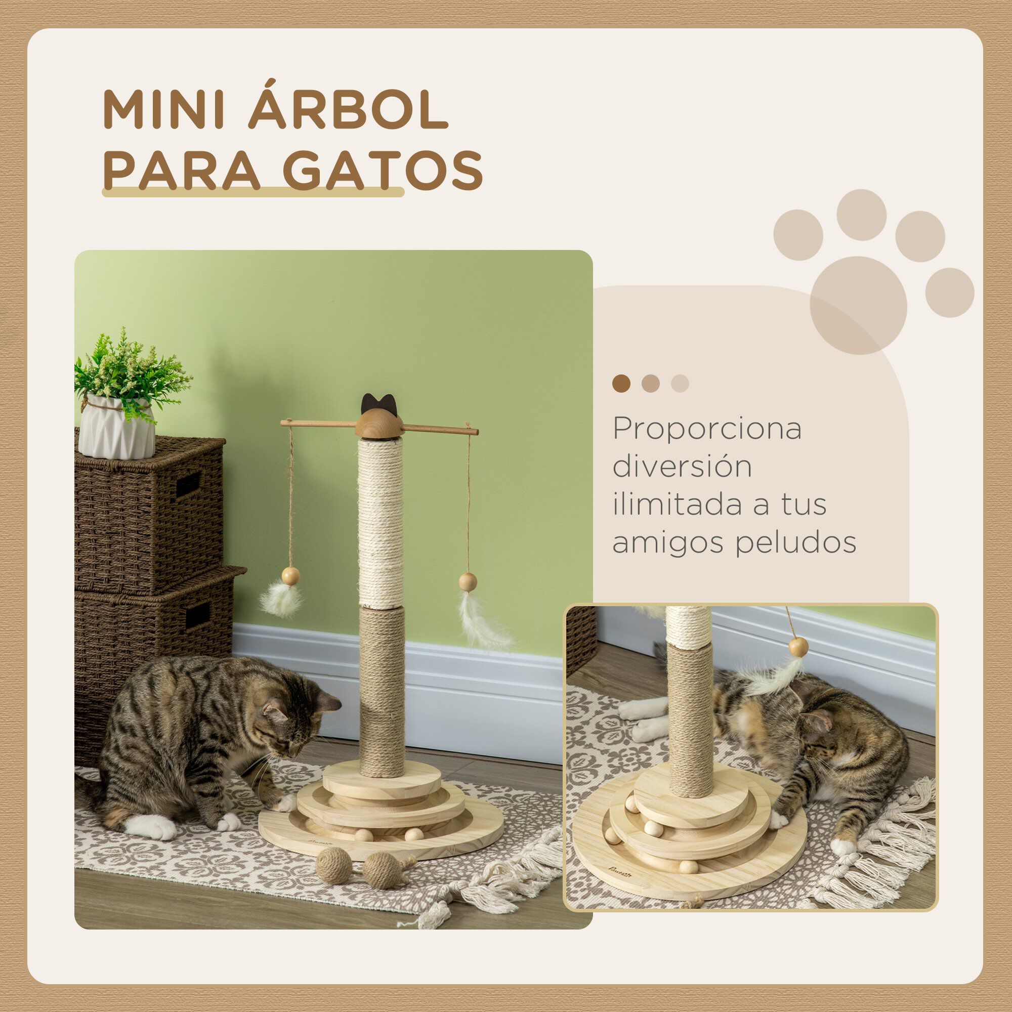 PawHut &Aacute;rbol Rascador para Gatos de Madera Altura 56 cm Torre para Gatos Centro de Actividades para Gatitos con Poste de Yute y Sisal Bolas para Jugar &Oslash;32x56 cm Natural, , large Imagen numero 4