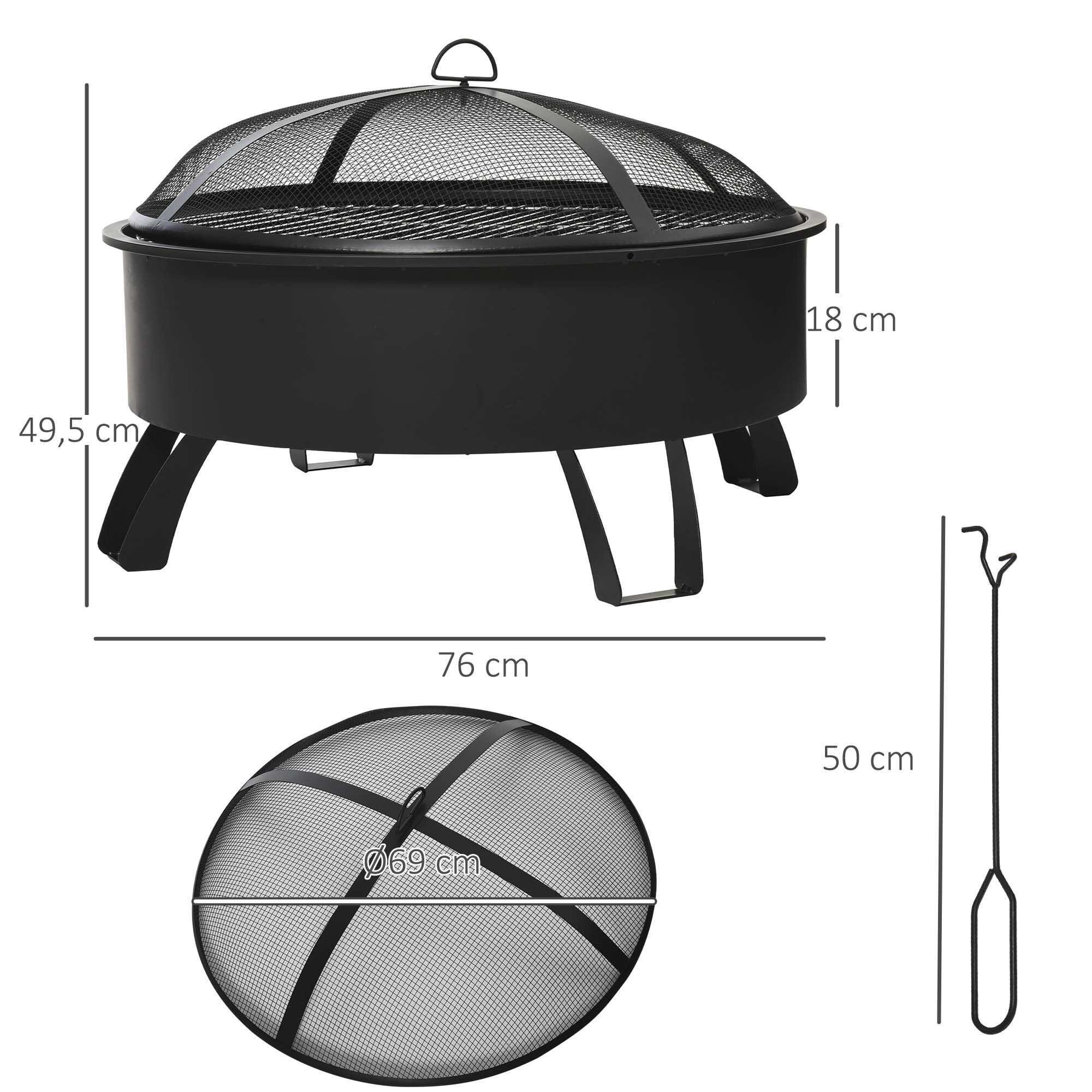 Outsunny Brasero Exterior &Oslash;76x49,5 cm 2 EN 1 Profundidad del Cuenco 18 cm con Rejilla de Cocina Parrilla para Barbacoa Calefacci&oacute;n Tapa de Malla Atizador de Fuego para Patio Jard&iacute;n Negro, , large Imagen numero 3