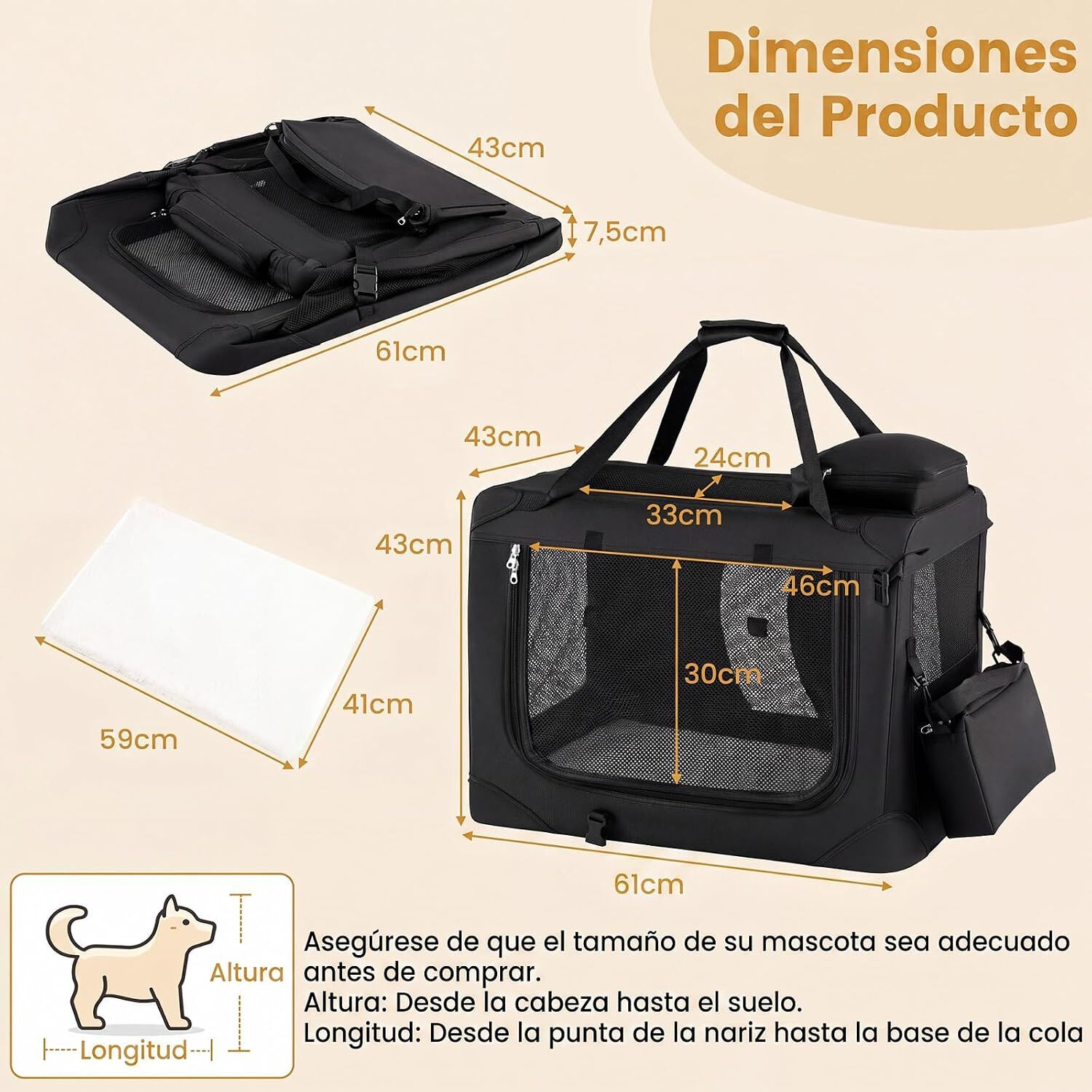 COSTWAY Transport&iacute;n para Perros Plegable, Bolsa Transporte para Gatos con Ventanas de Malla, 3 Puertas y Bolsillos Extra&iacute;bles, Portador de Viaje para Mascotas Interior y Exterior (Negro, M), , large Imagen numero 15