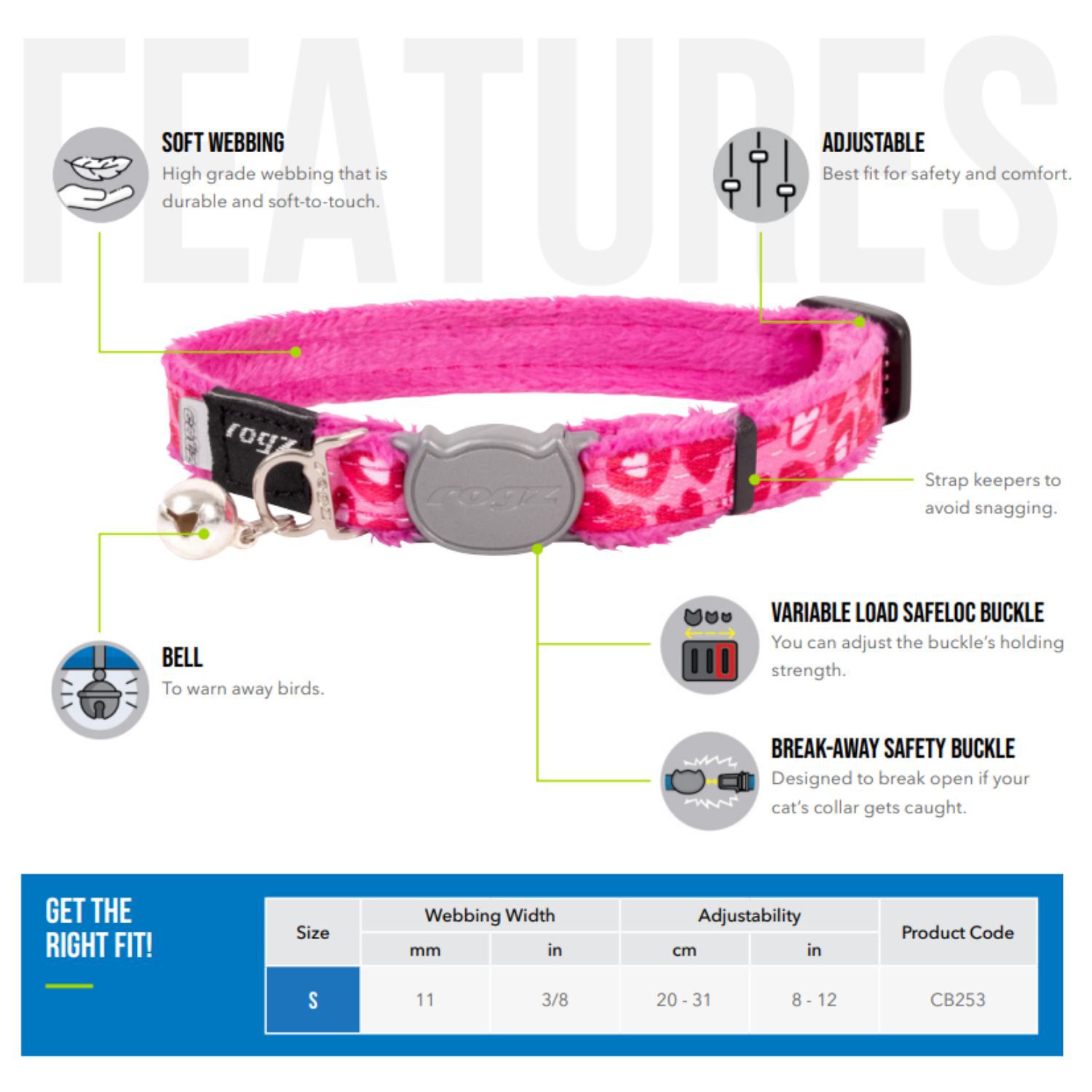 COLLAR PARA GATO FASHIONCAT ESTAMPADO ROSA ROGZ AJUSTABLE 20-31cm, , large Imagen numero 3