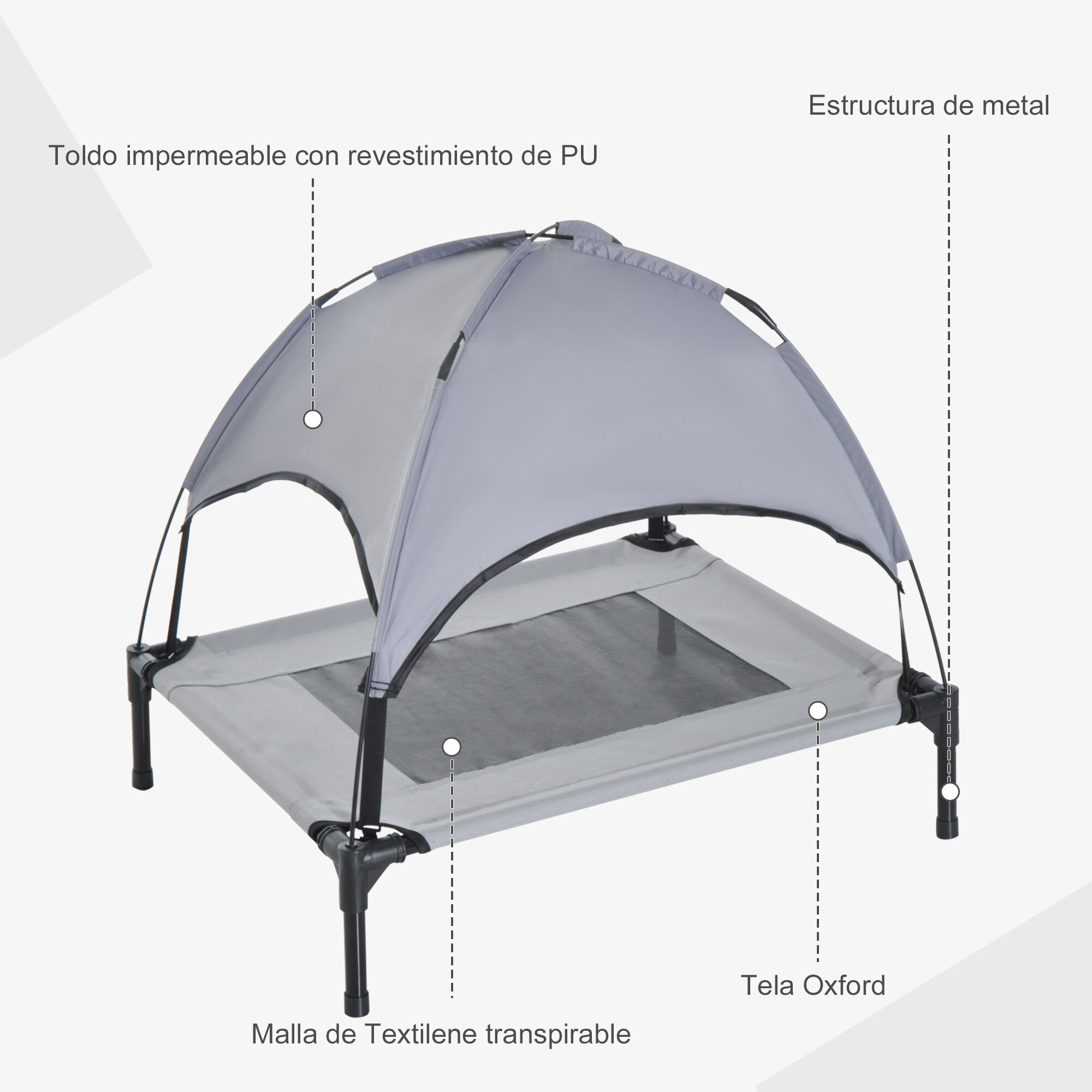 PawHut Cama Elevada para Mascotas Port&aacute;til con Toldo Extra&iacute;ble Tela Transpirable al Aire Libre para Interior y Exterior 61x46x62 cm Gris., , large Imagen numero 4