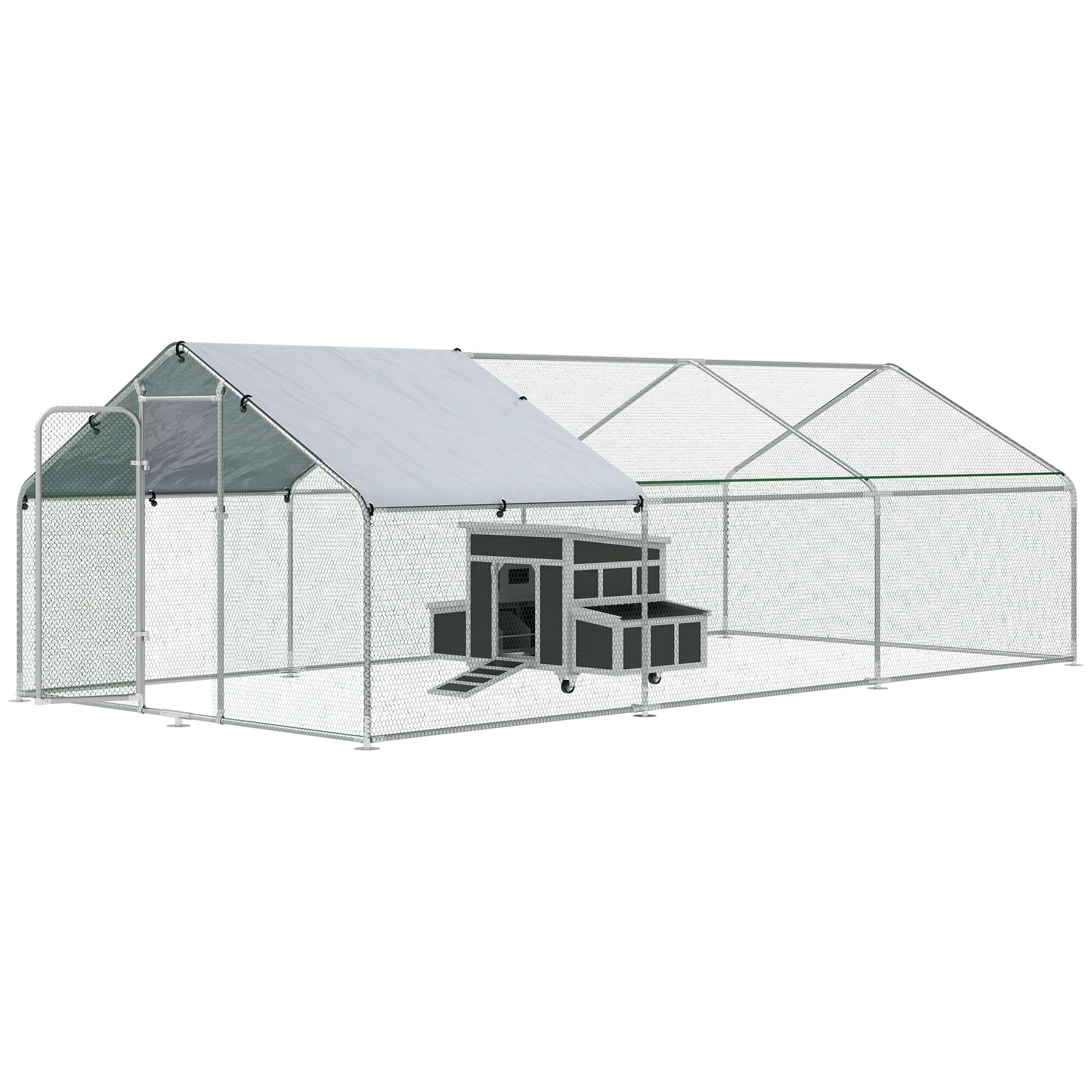 PawHut Conjunto de 1 Gallinero de Madera con Bandeja Extra&iacute;ble y Perchas 147x93,5x89,5 cm y 1 Gallinero para Exterior Grande de Metal Galvanizado 3x6x2 m, , large Imagen numero 1