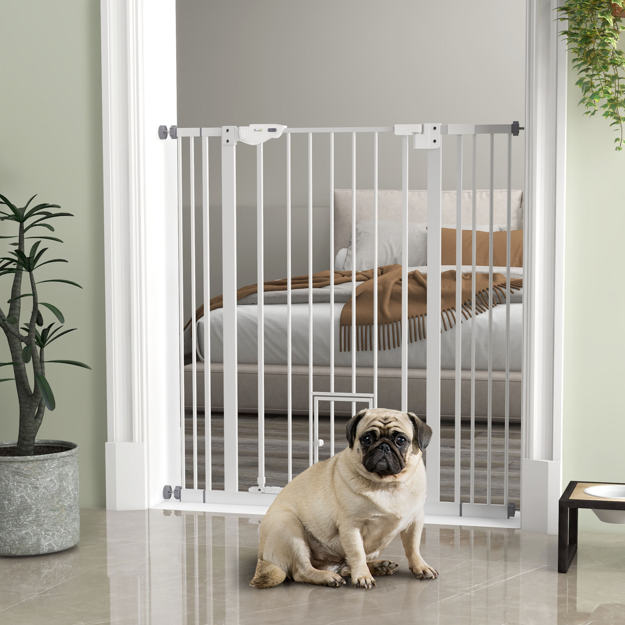PawHut Barrera de Seguridad para Perros con 1 Puerta Peque&ntilde;a Barrera para Mascotas Extensible con Cierre Autom&aacute;tico y Sistema de Doble Bloqueo para Puerta Pasillo Escalera 74-101x104,1 cm Blanco, , large Imagen numero 2
