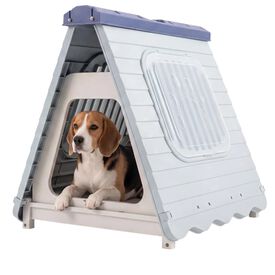 COSTWAY Caseta Perros para Exterior, Casa Plegable de Pl&aacute;stico para Perros con Puerta de Solapa Bloqueable, Ventanas, Base Elevada, Refugio Port&aacute;til Impermeable para Mascotas, 72 x 60 x 68 cm (Azul)