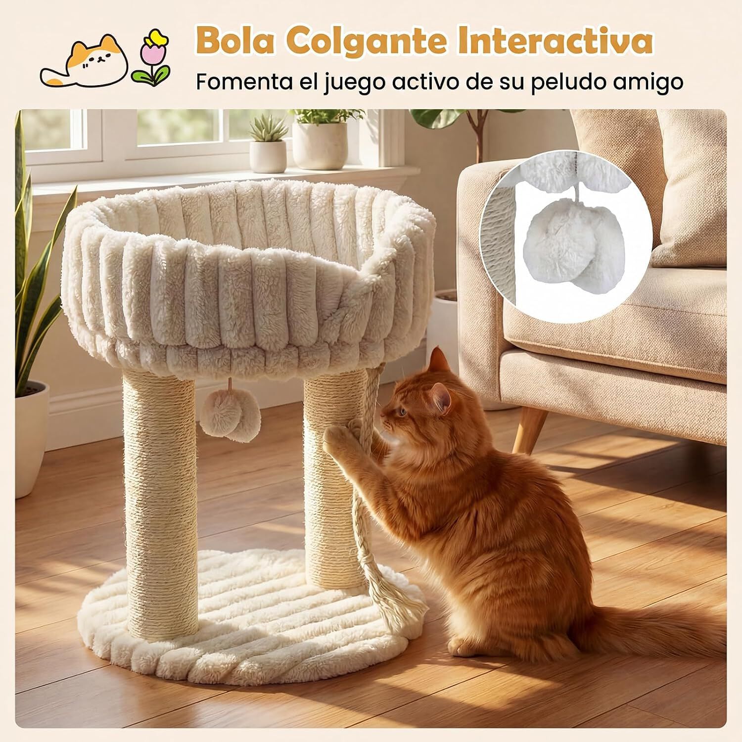 COSTWAY 40 x 40 x 50,5 cm &Aacute;rbol para Gatos Peque&ntilde;o (Beige) | Torre para Gatos con Plataforma Superior de Felpa, Rascadores de Sisal, Bola Colgante, Torre gato Interior para Mascotas, , large Imagen numero 3