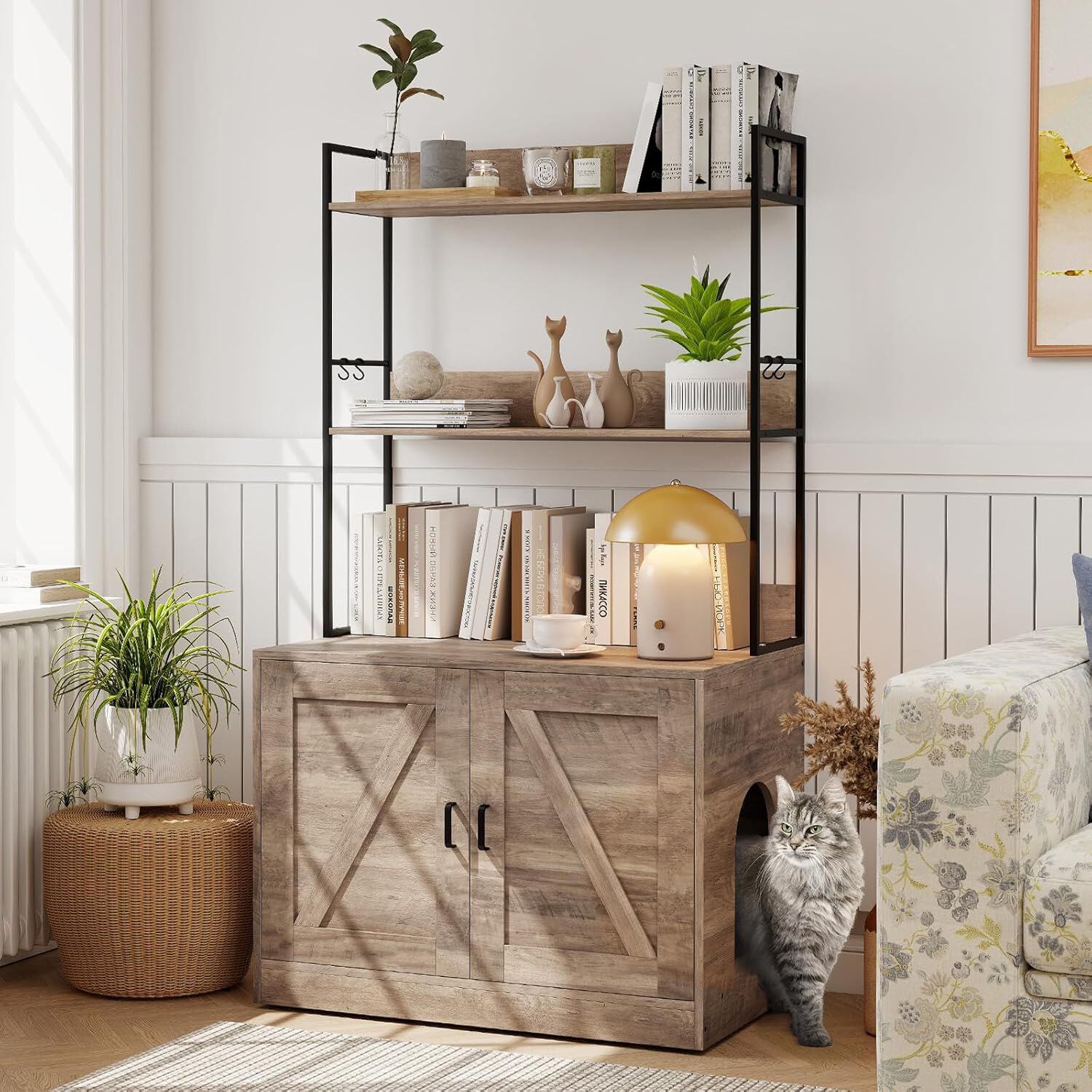 COSTWAY Mueble Arenero para Gatos, Caja de Arena Grande para Tirar Muebles Oculto para Ba&ntilde;o con Estantes de 3 Niveles, 4 Ganchos, Armario con 2 Puertas, Entrada Lateral, 80x48x145 cm (Gris + Negro), , large Imagen numero 2