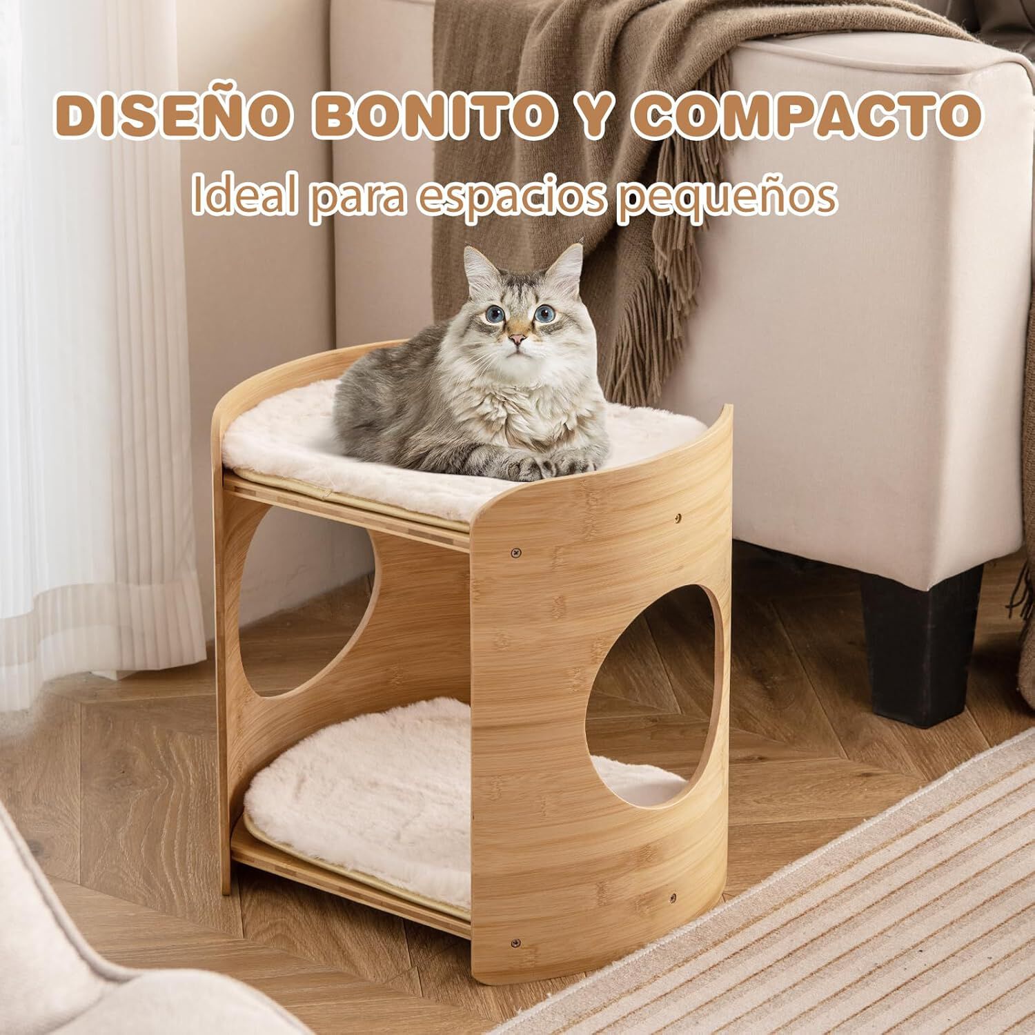 COSTWAY Casa de Gatos de 2 Niveles, Cama de Gato Curva con Marco de Bamb&uacute; Natural, 2 Alfombrillas de Felpa Suaves Extra&iacute;bles y Lavables, 2 Agujeros para Gatos, Natural+Blanco, 40 x 33 x 41 cm, , large Imagen numero 3
