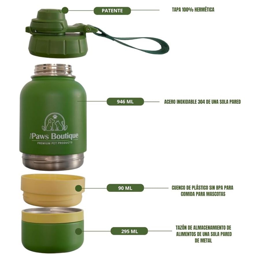 Botella de Agua para Perros 3 en 1: Bebedero Port&aacute;til de Acero Inoxidable 950ml, Compartimento para Comida y Cuenco Extra Desmontable &ndash; Antifugas, Libre de BPA &ndash; Ideal para Viajes y Paseos, , large Imagen numero 3