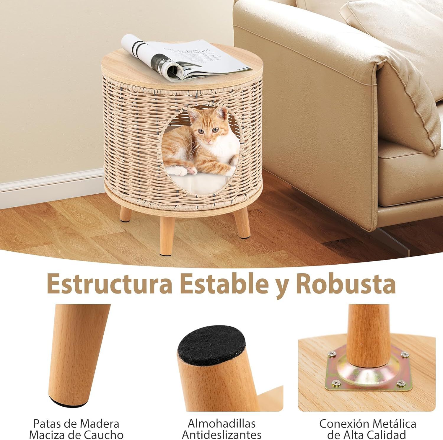 COSTWAY Casa para Gatos con Cojín Desmontable, Ratán Transpirable, Patas de Madera de Caucho Antideslizantes, Multifuncional como Recinto para Caja de Arena y Reposapiés, Ideal para Interior thumbnail